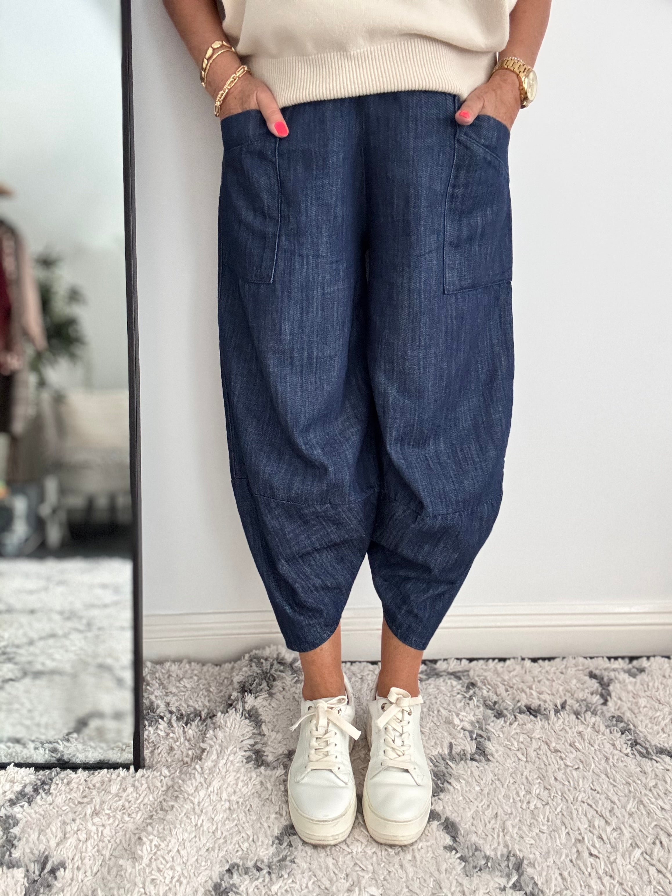 Premium Barrel Leg Trousers in Dark Denim