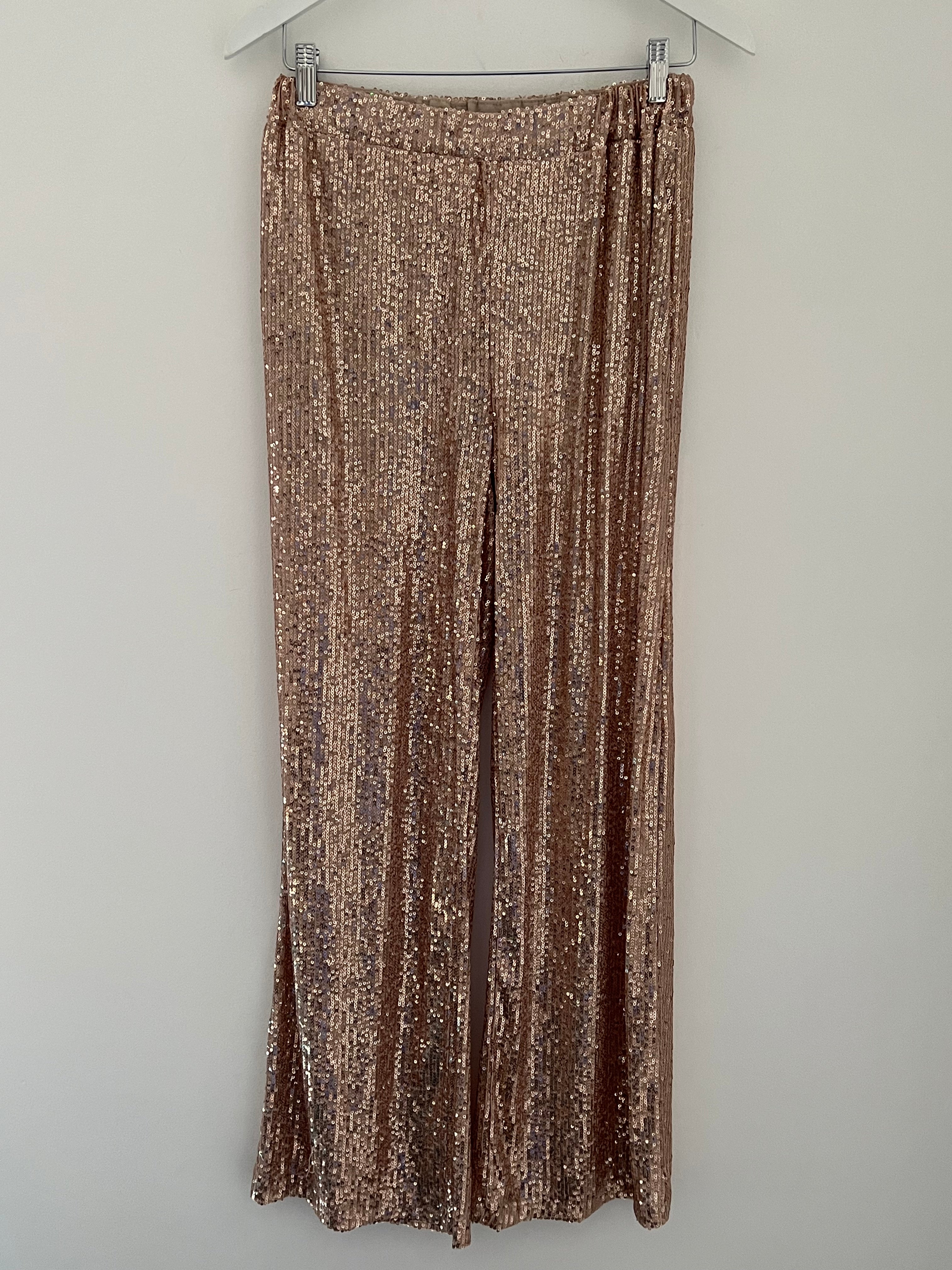 Stretch Sequin Trousers in Rose Gold