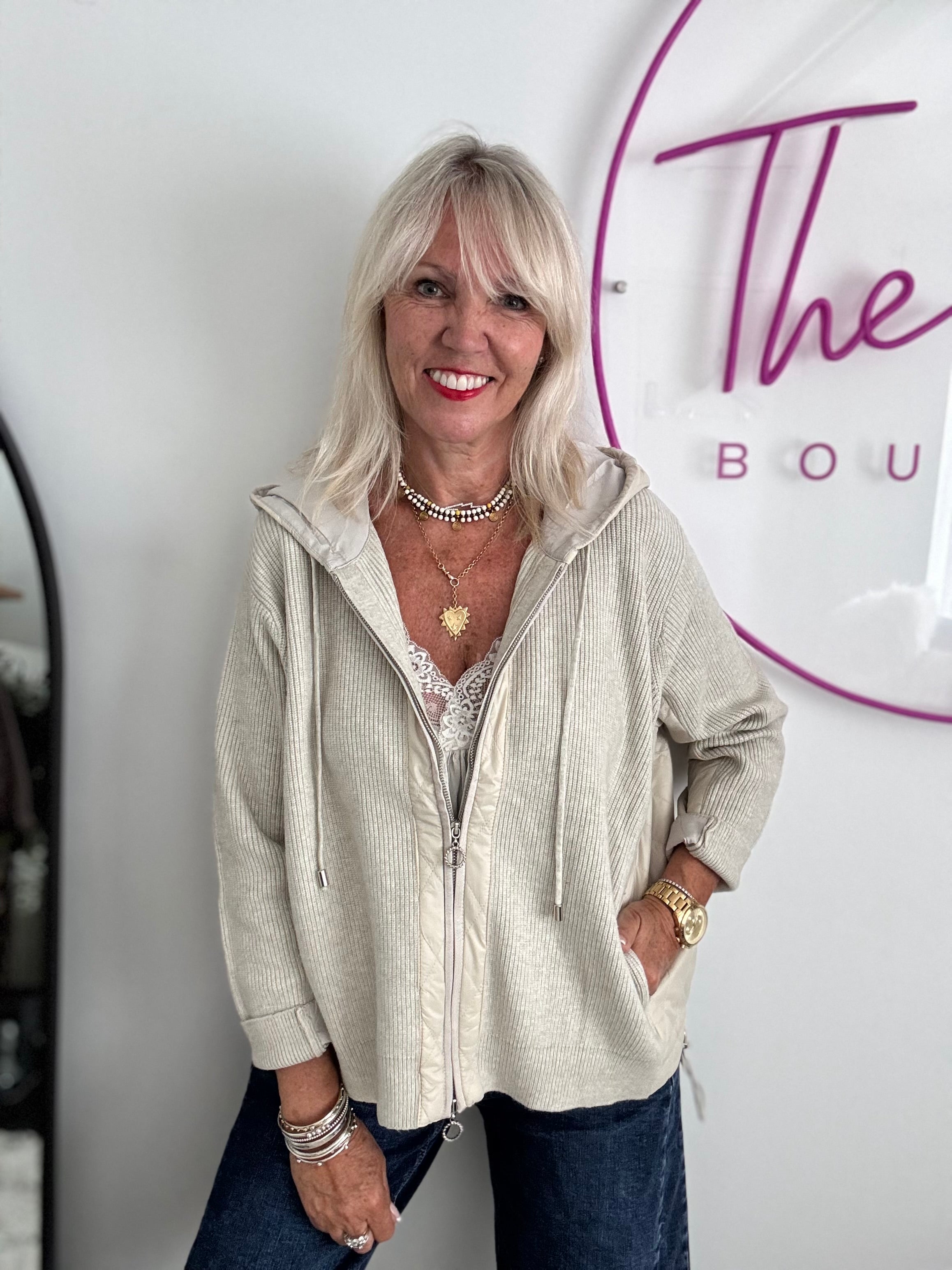 Hooded Knit Jacket in Ecru