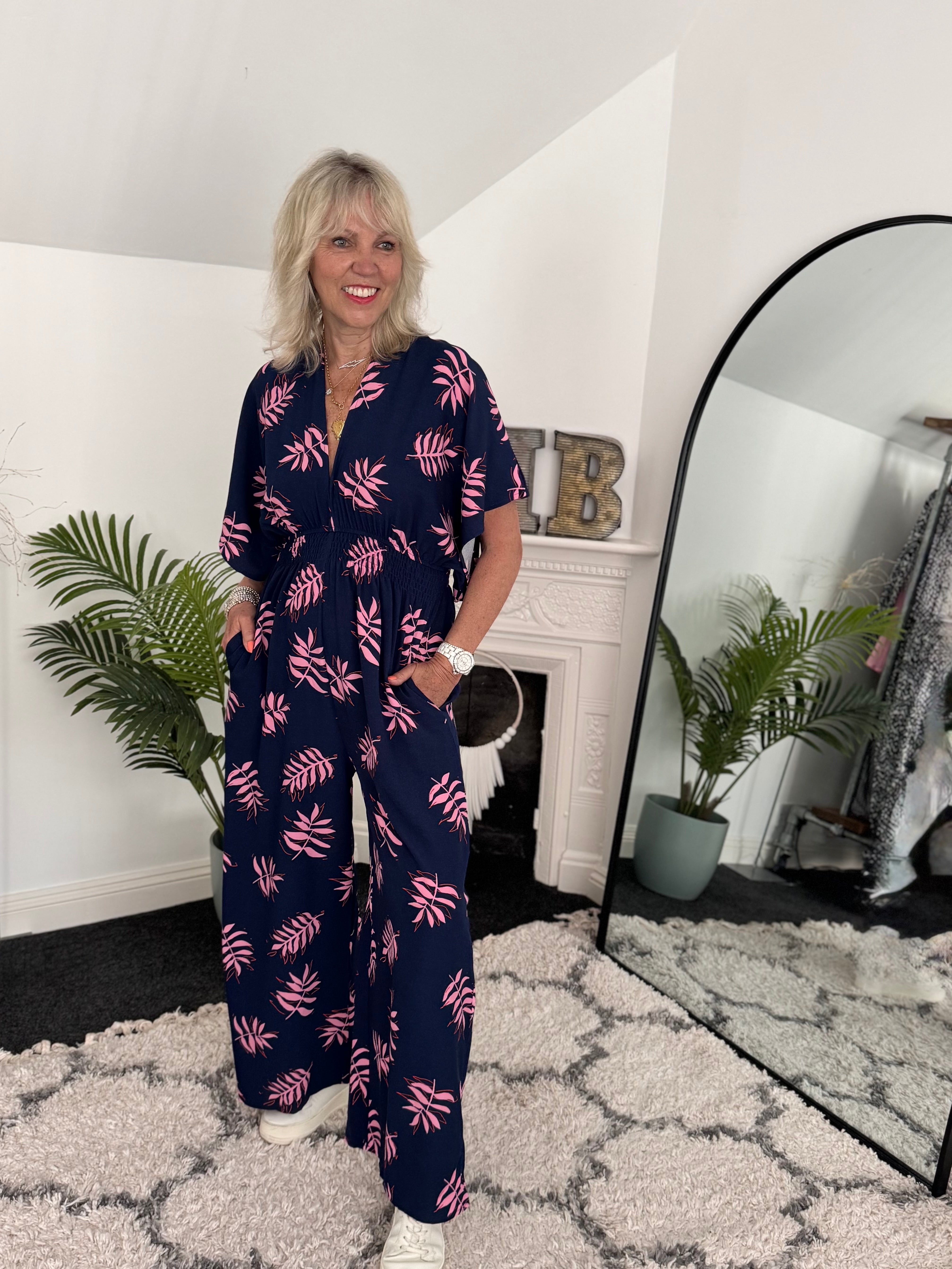 Wide Leg Jumpsuit in Navy & Pink