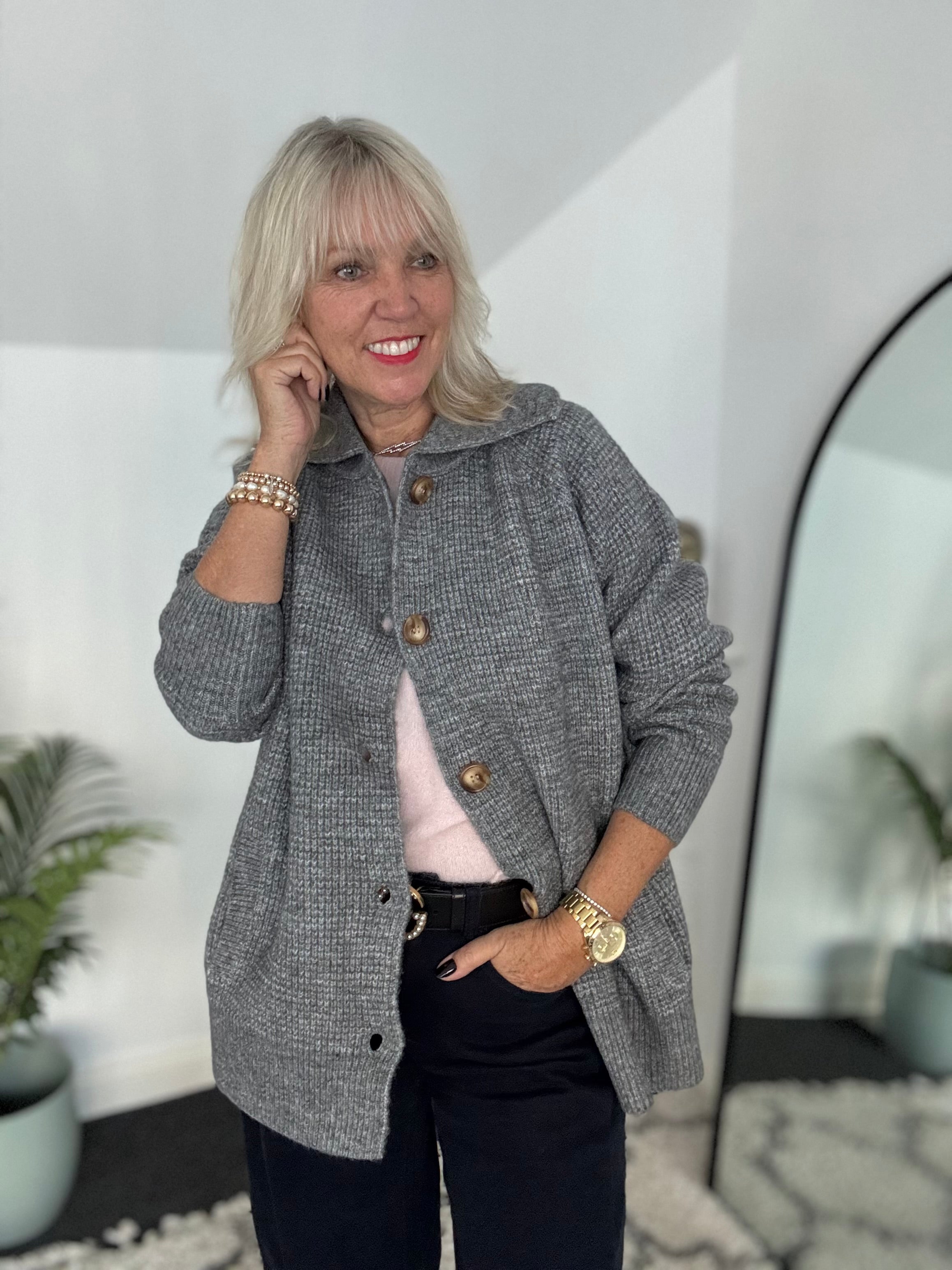 Fisherman Rib Knitted Jacket in Marl Grey