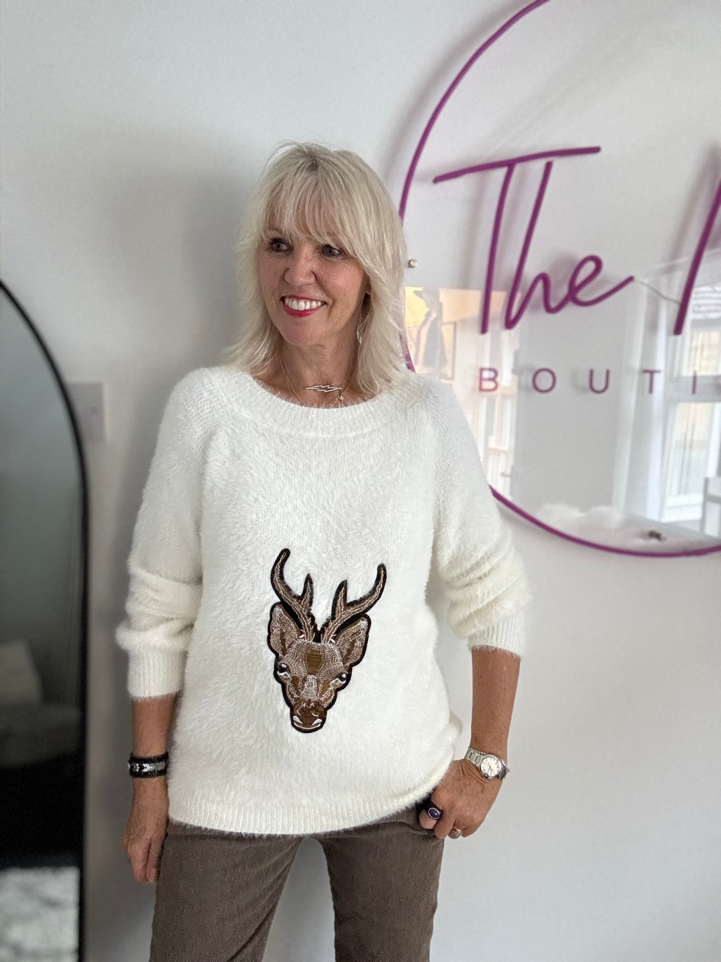 Oh Deer Fluffy Jumper in Winter White