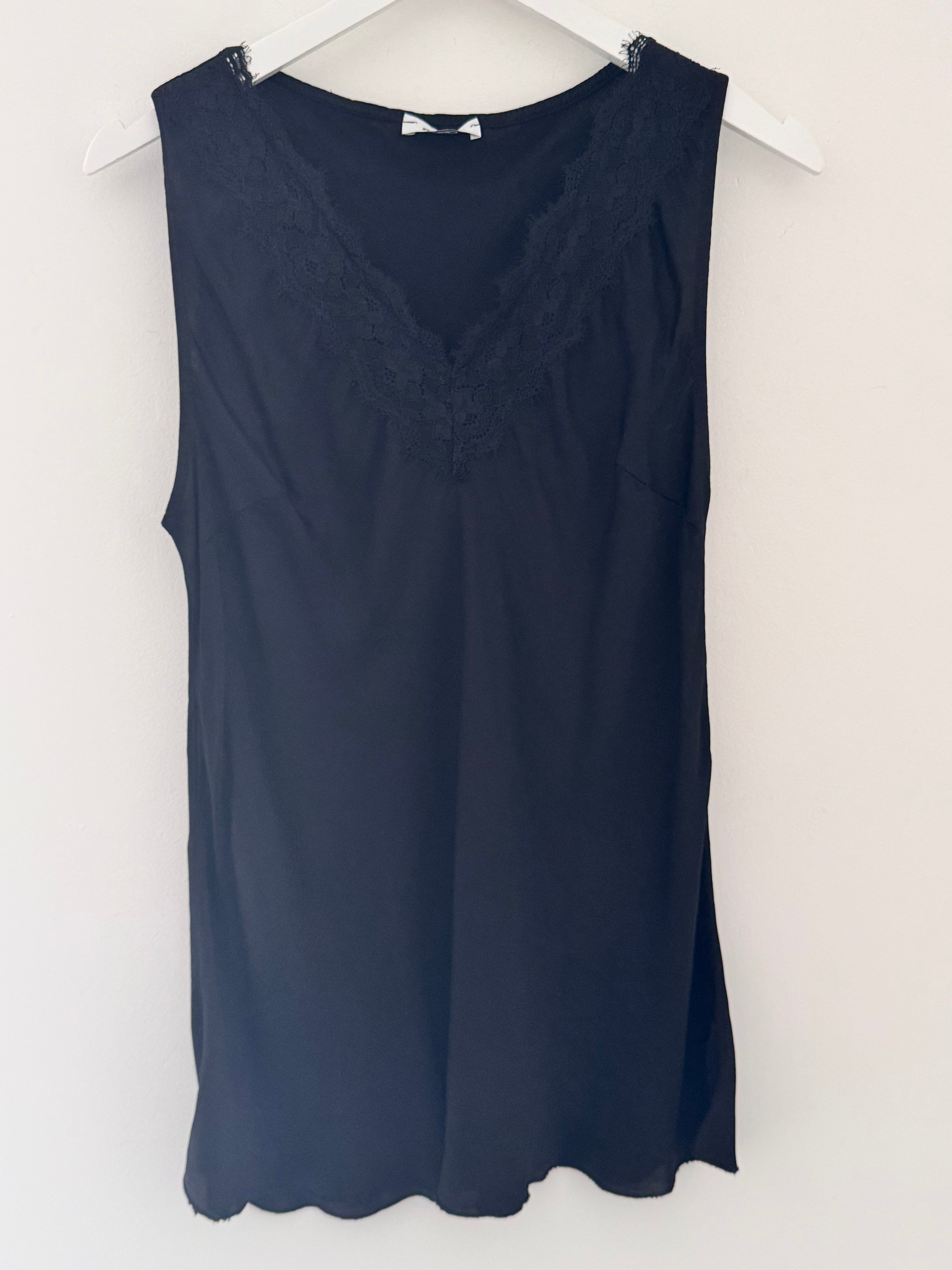 Lace Trim Silk Top in Black