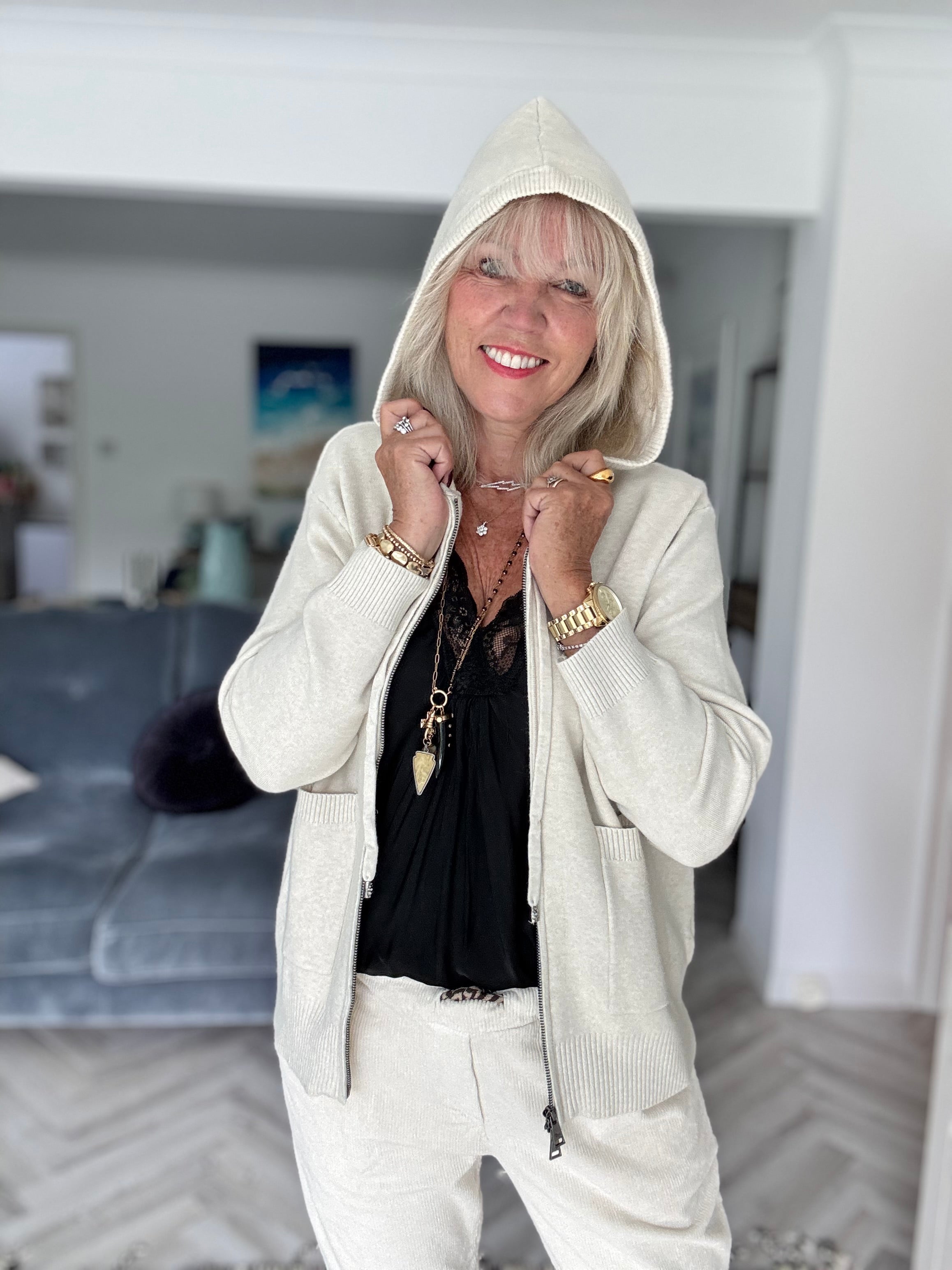 Soft Hooded Zipped Jumper in Ecru