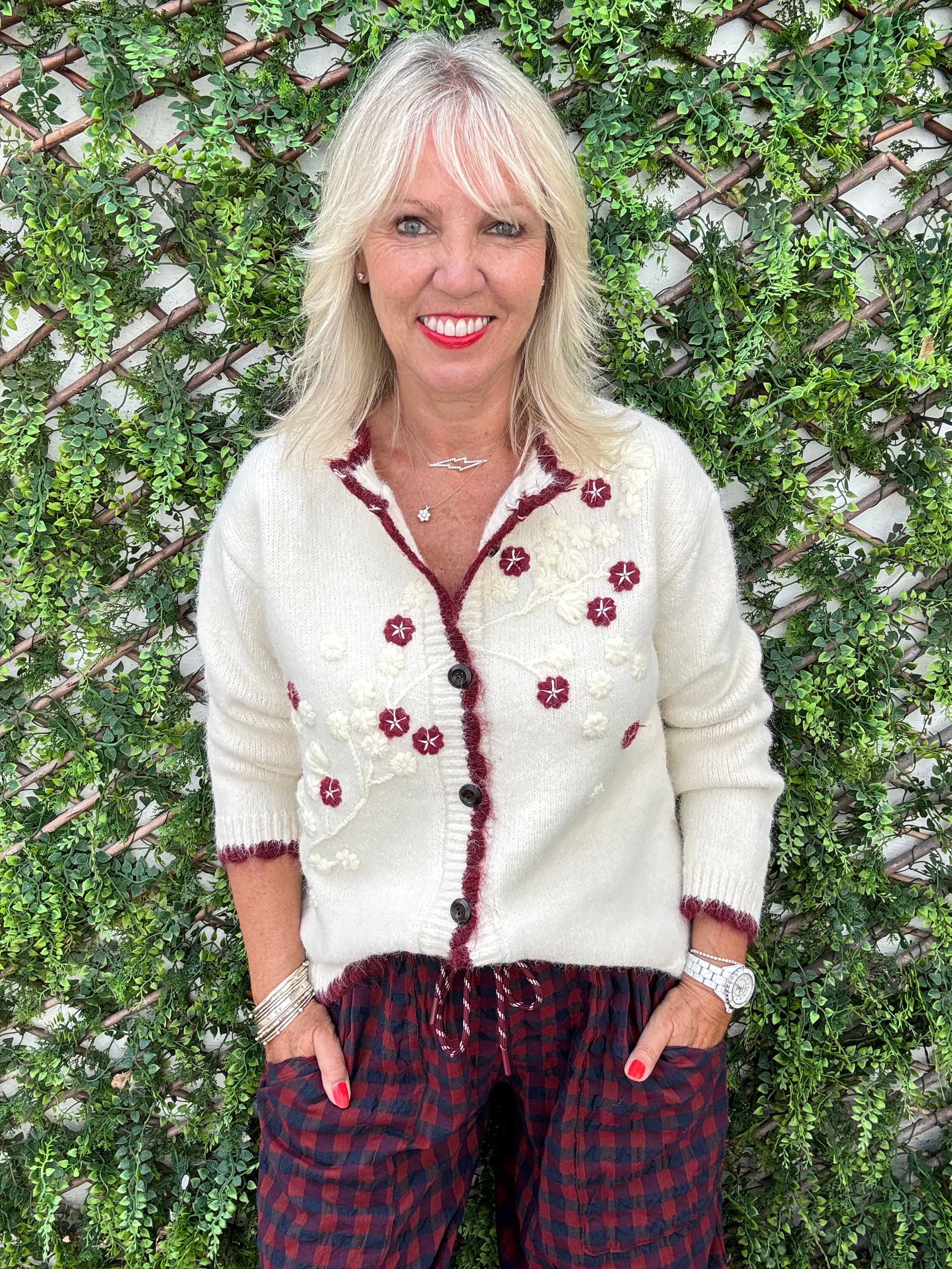 Soft Cardi with Embroidered Flowers in Vanilla & Berry