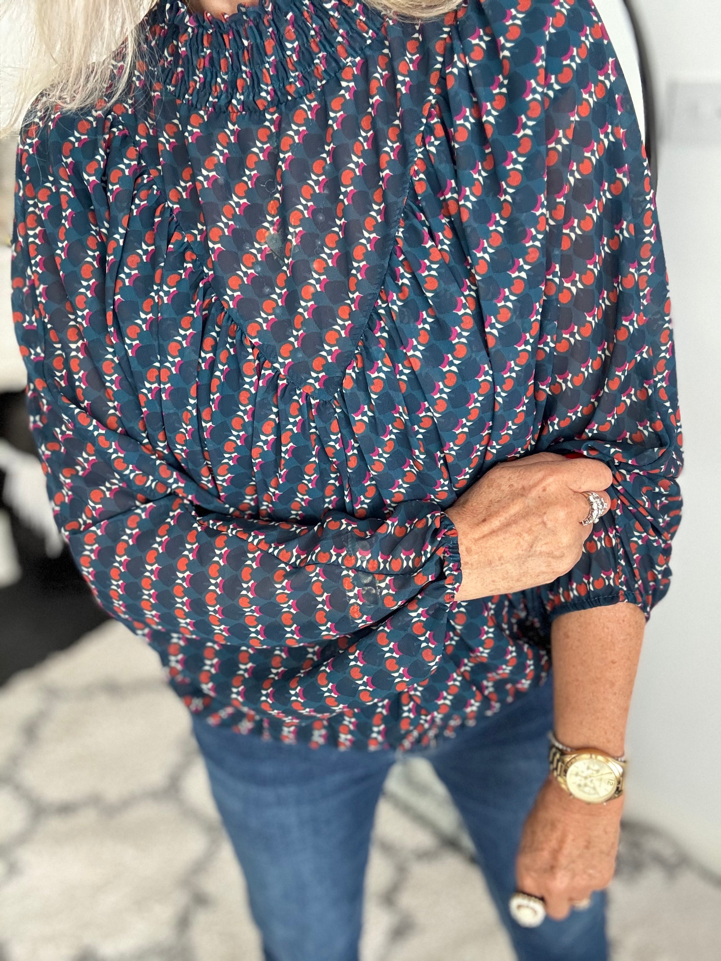 High Neck Blouse in Teal & Cherry