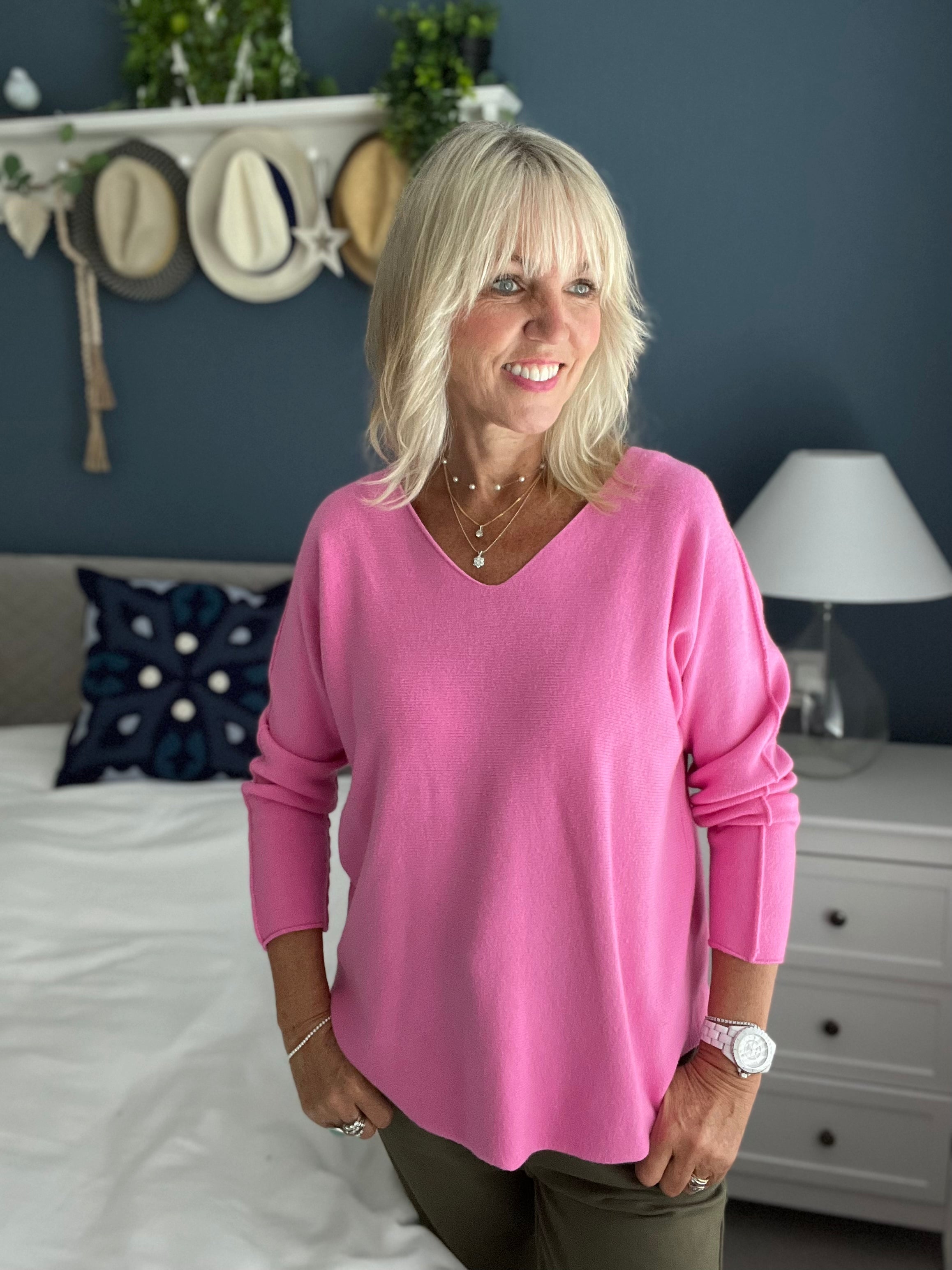 Simple V Neck Jumper in Pink