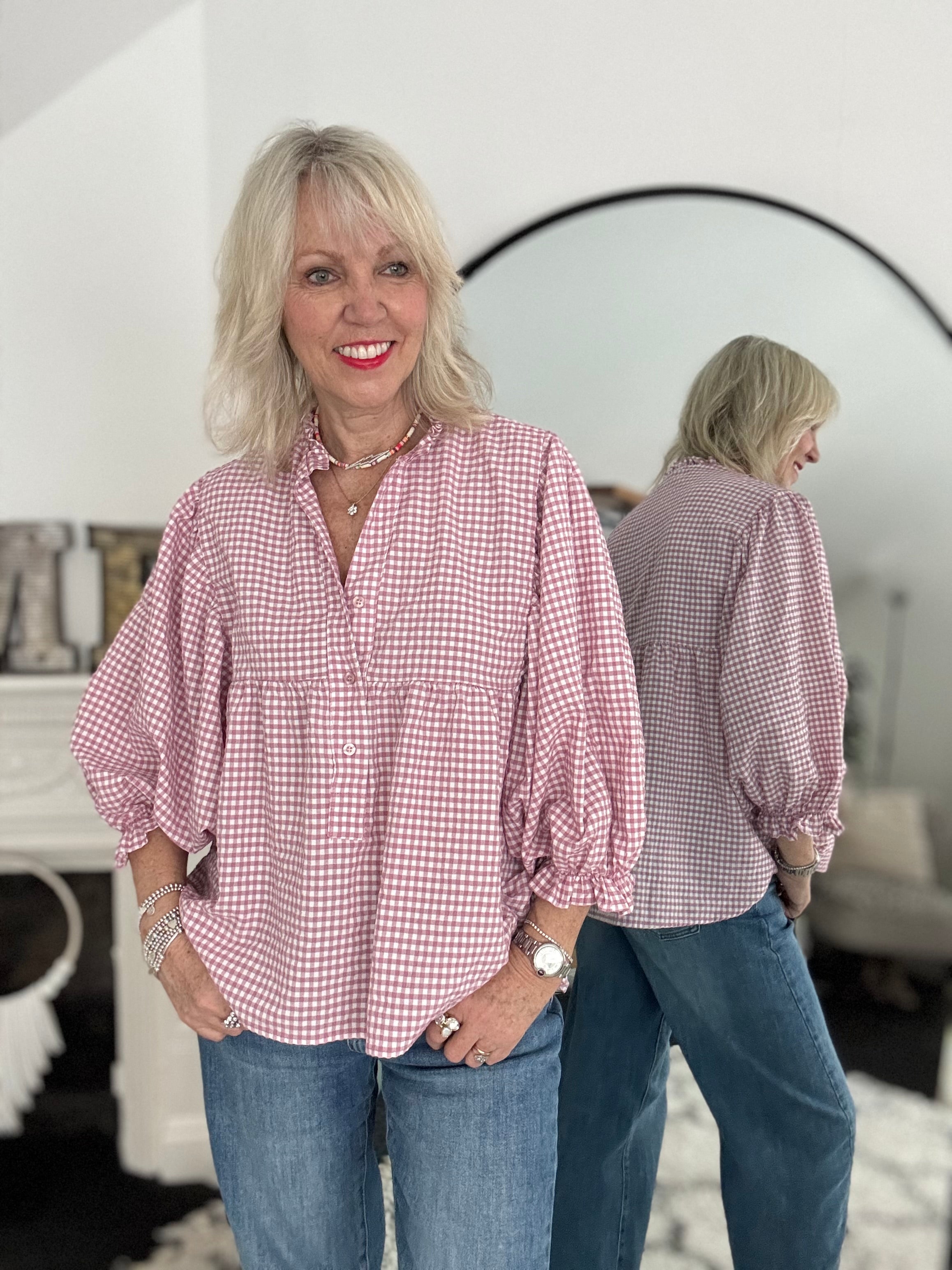 Gingham Seersucker Blouse in Rose Pink