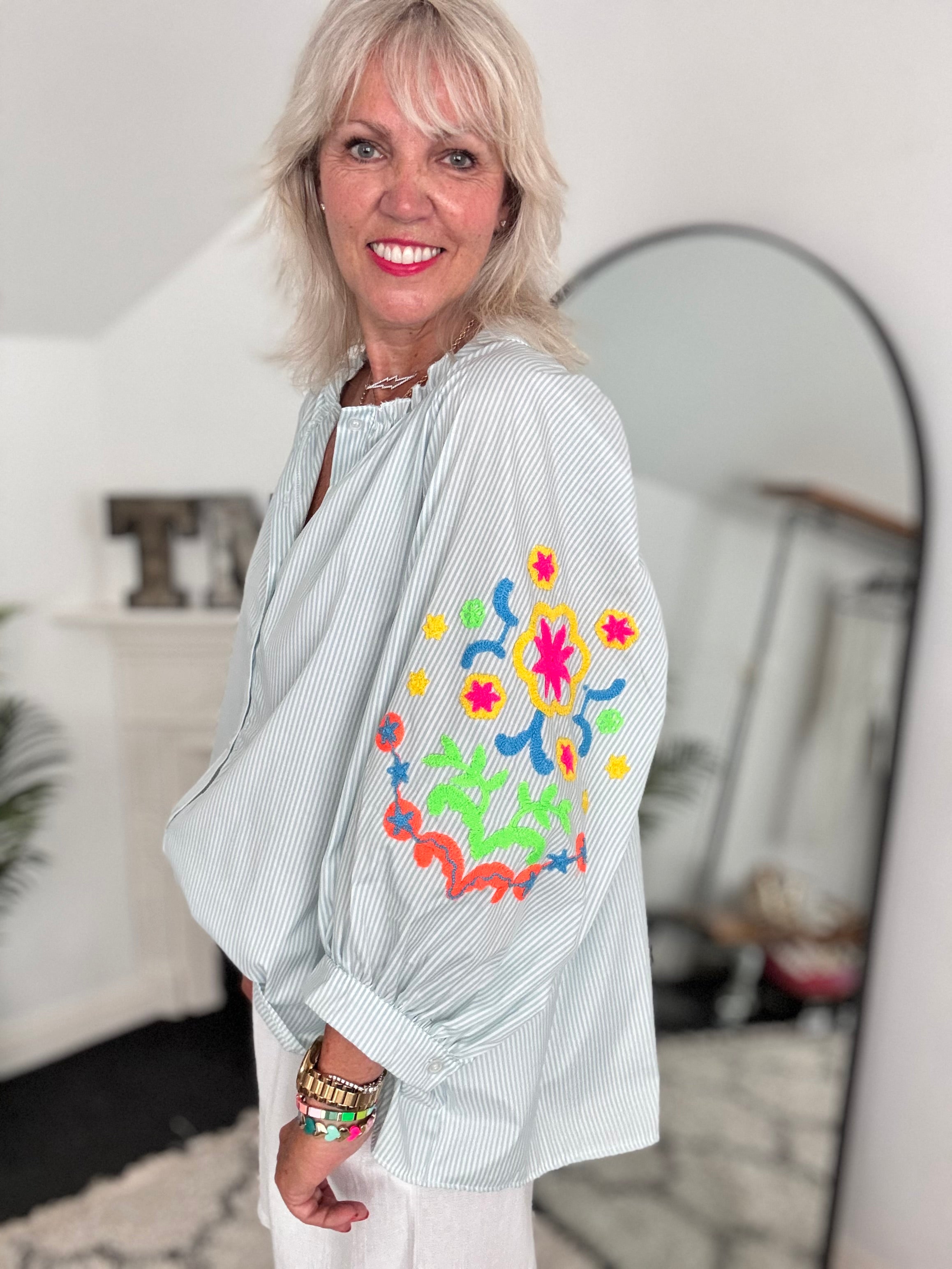 Designer Stripe Shirt with Neon Embroidered Sleeves in Seafoam Green