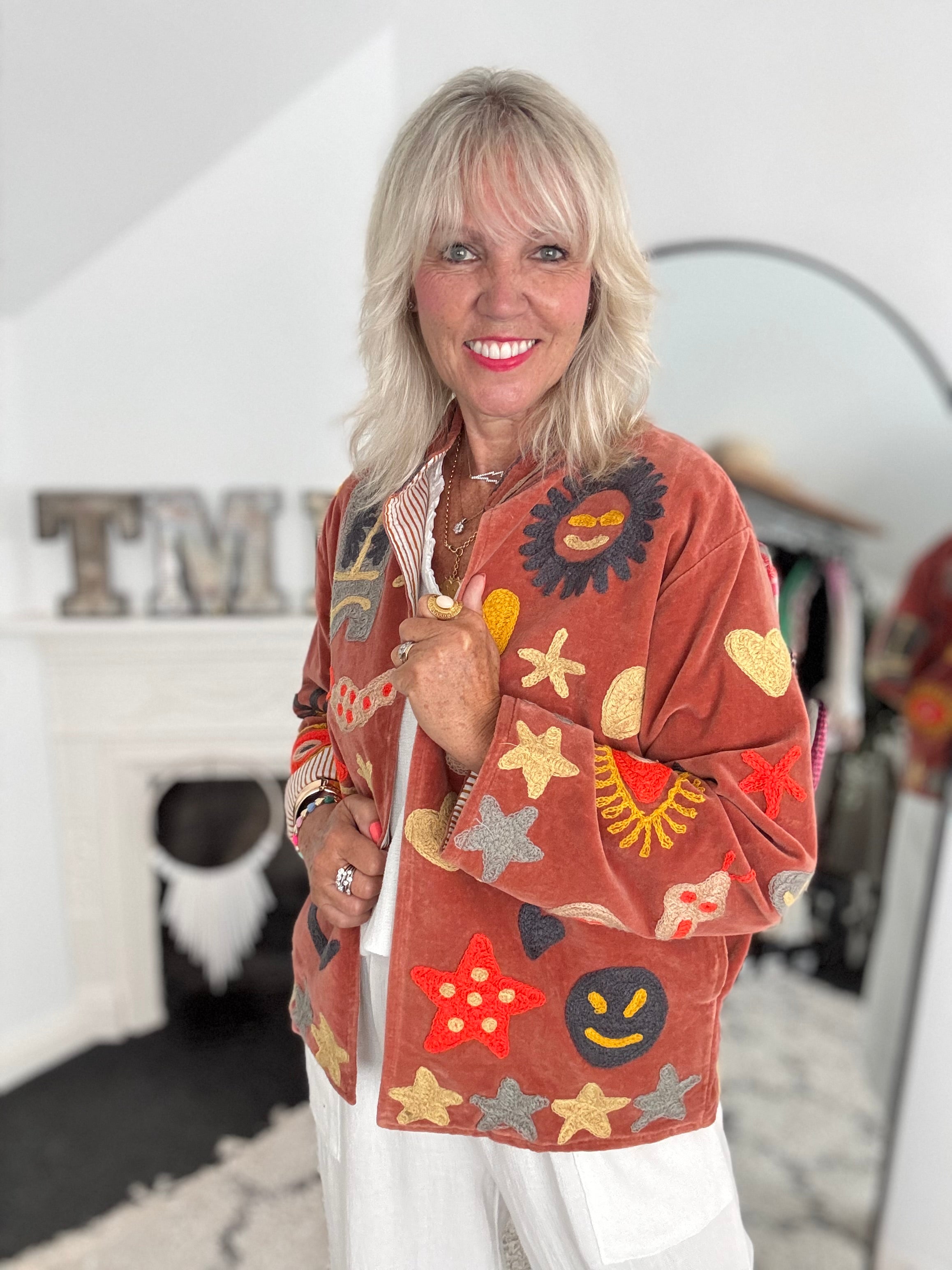 Artisan Velvet Jacket with Appliqued Folk Art in Sienna