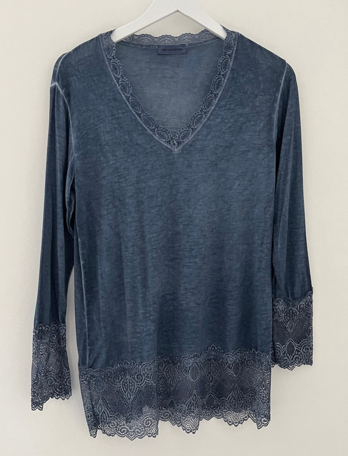 Luxe Base Top with Lace Trim in Denim Blue