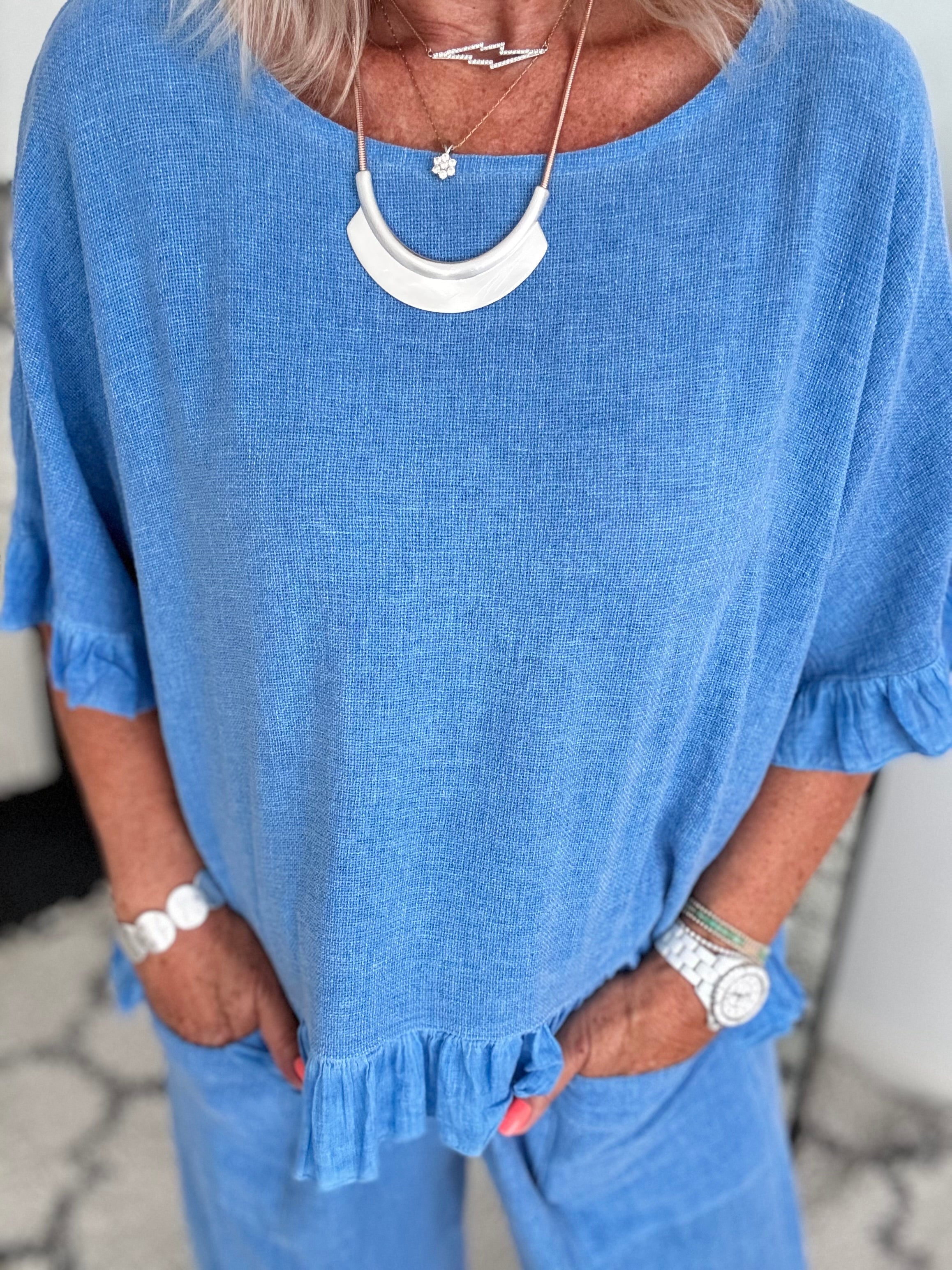 Linen & Cotton Ruffle Edge Top in Sky Blue