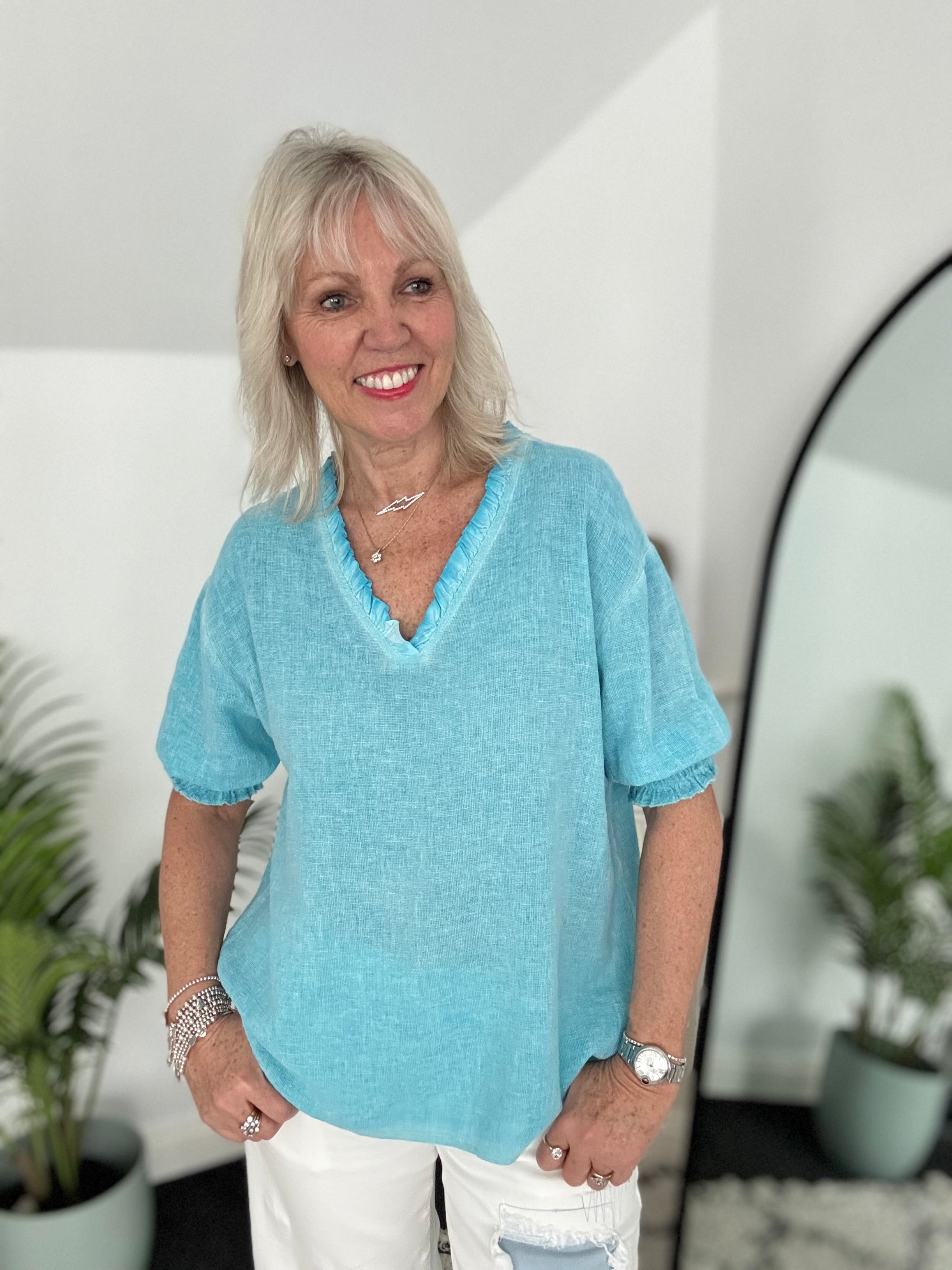 Linen & Cotton Top in Aqua