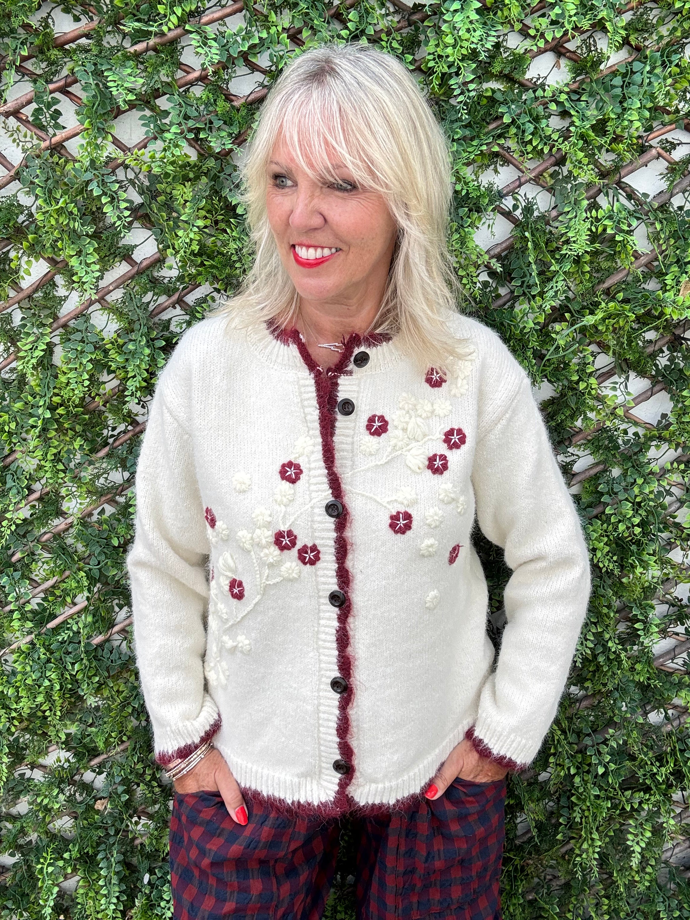 Soft Cardi with Embroidered Flowers in Vanilla & Berry