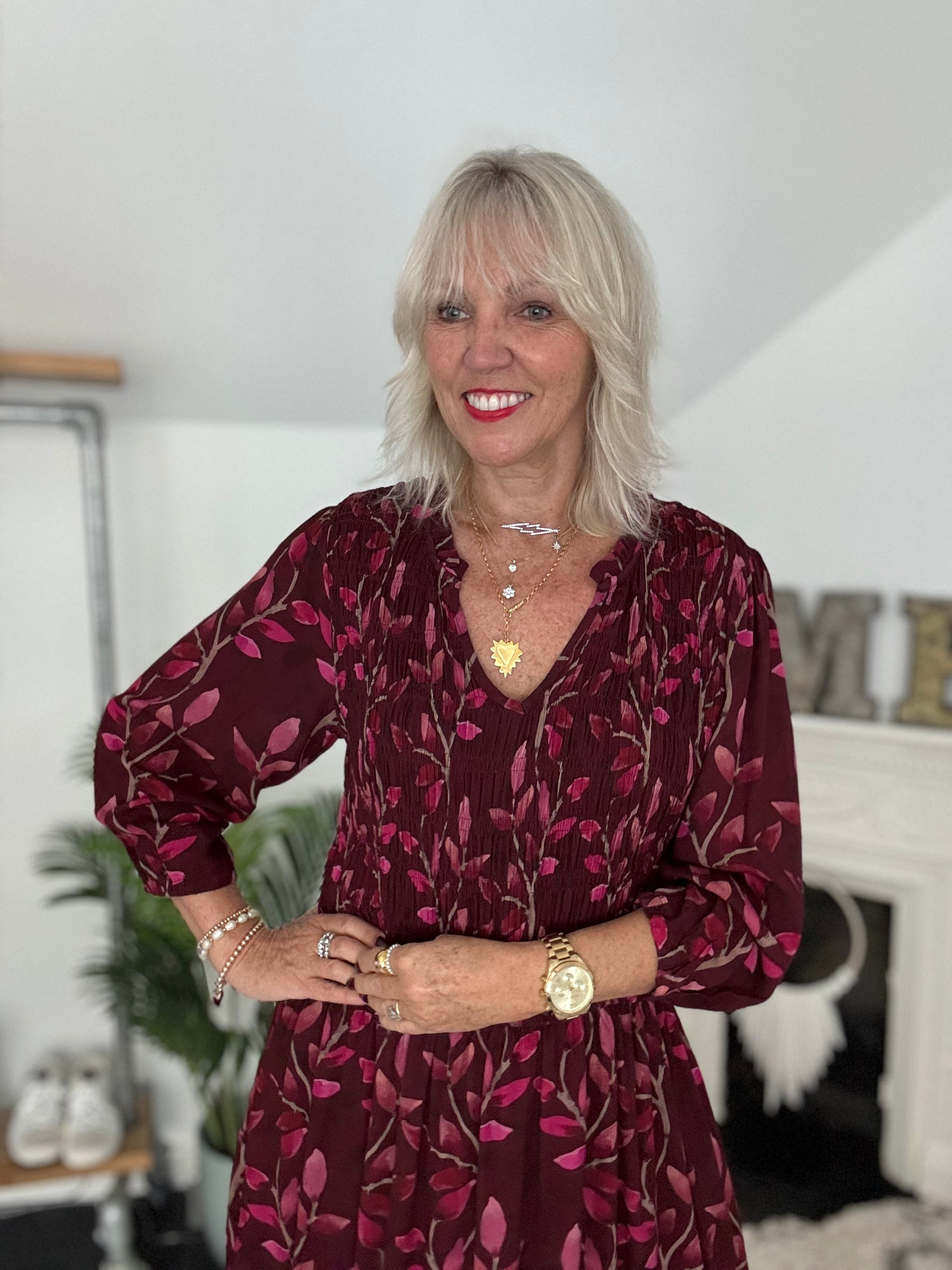 Leaf Print Dress with Shirred Bodice in Wine