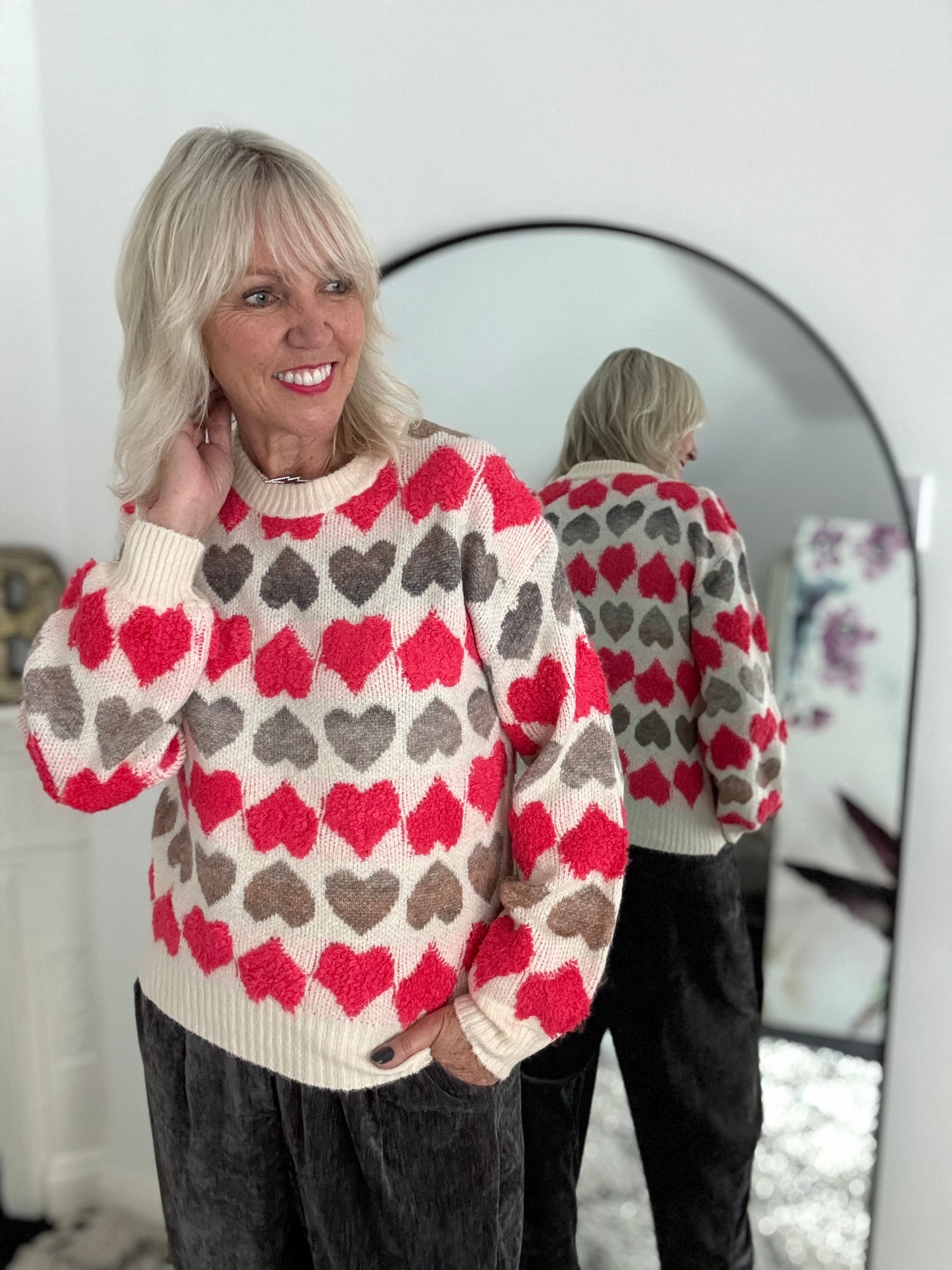 Hearts Sweater in Coral Red & Mocha