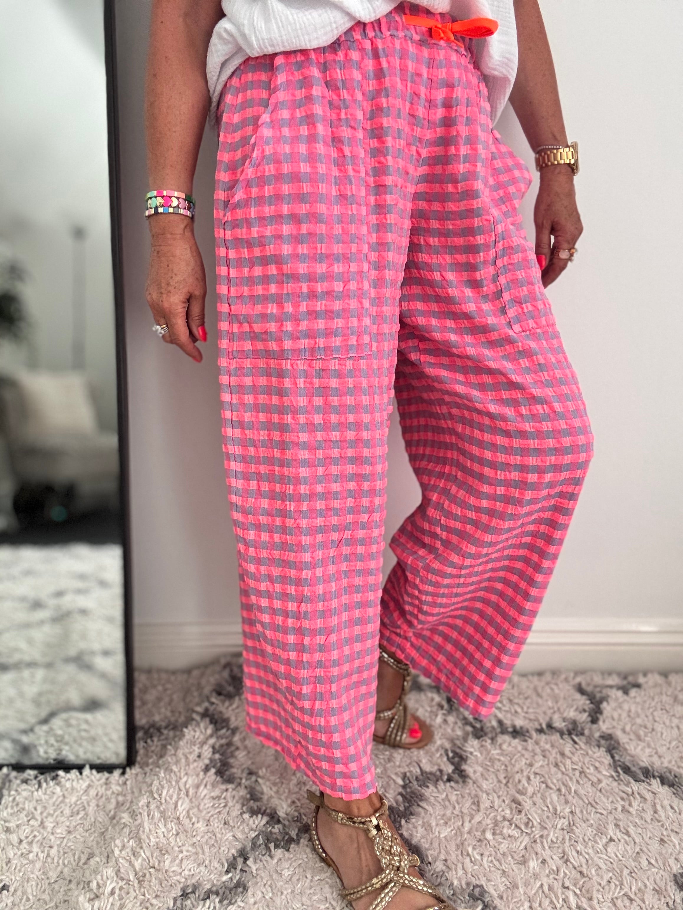 Barrel Check Trousers in Neon Pink