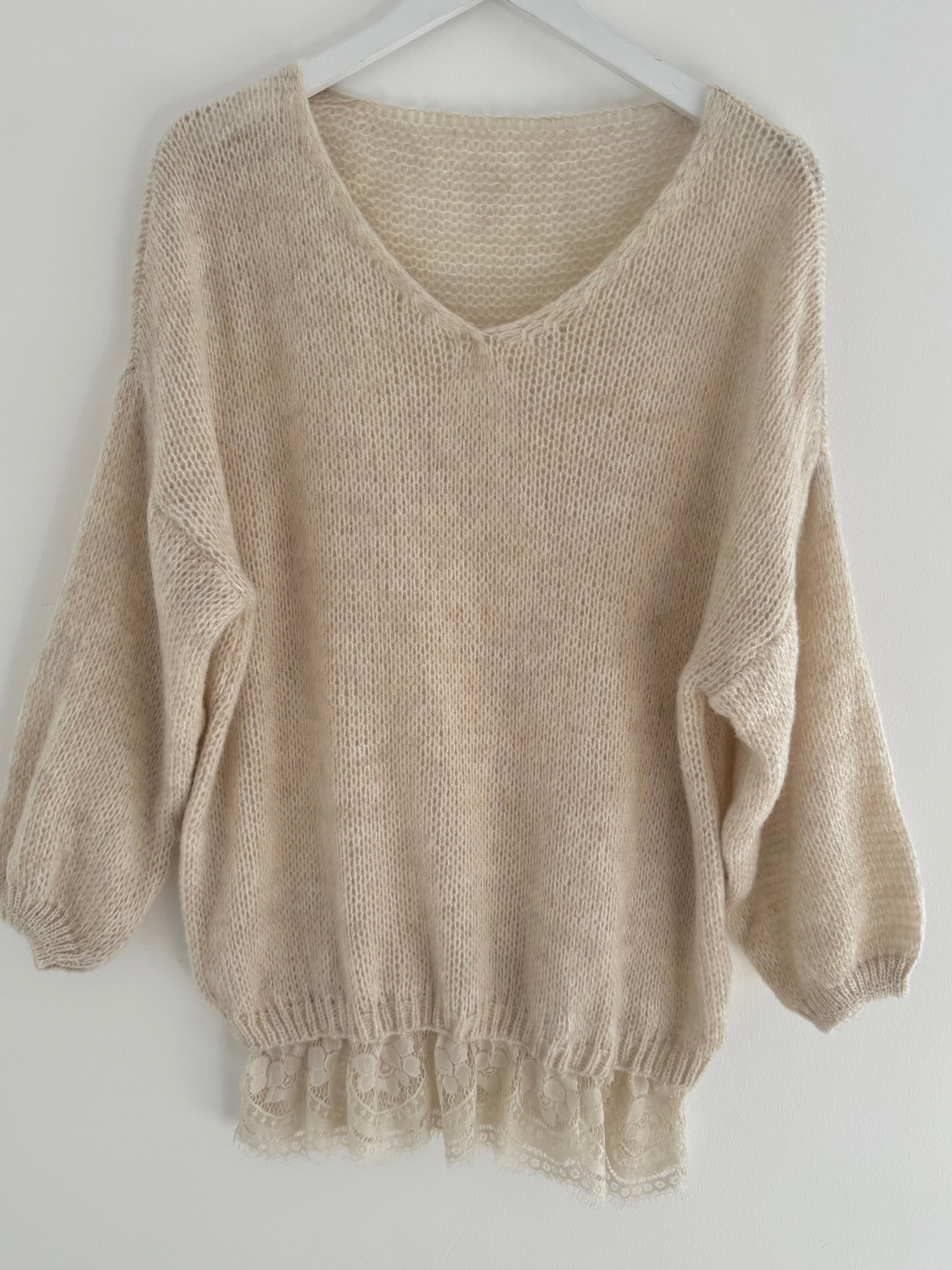 Soft Jumper with Lace Hem in Stone