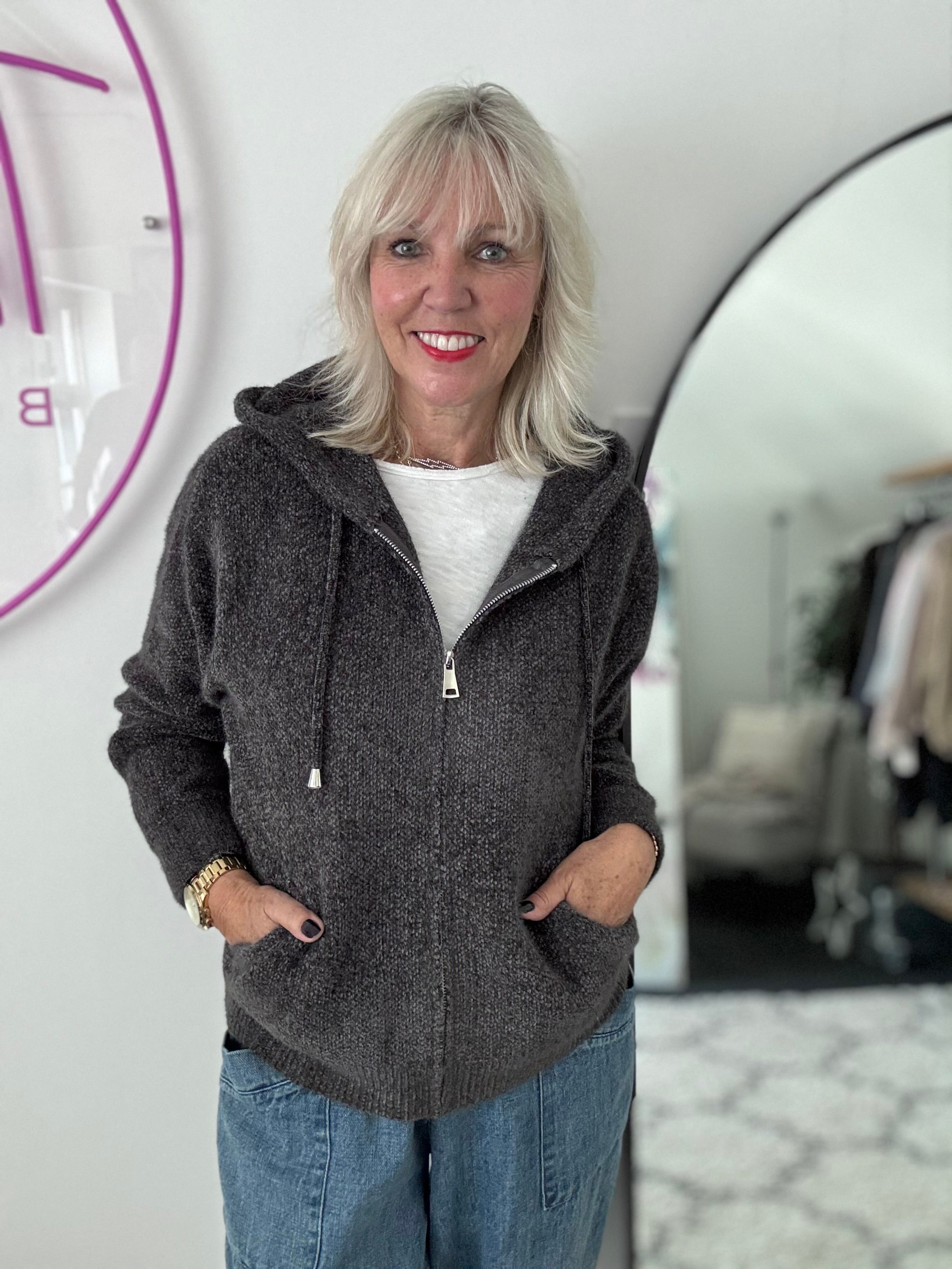 Soft Hooded Knit with Pockets in Anthracite