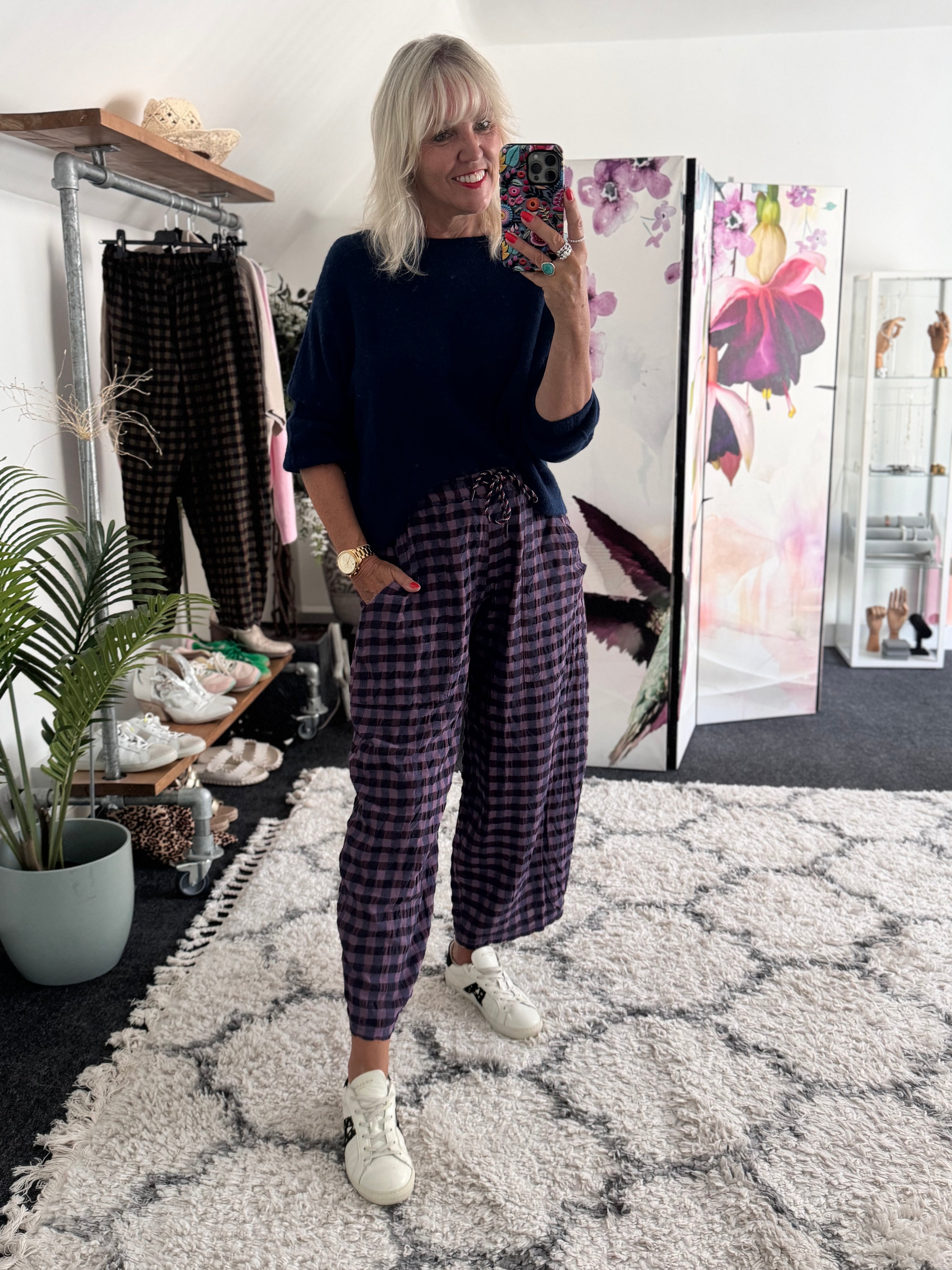 Barrel Check Trousers in Plum & Navy