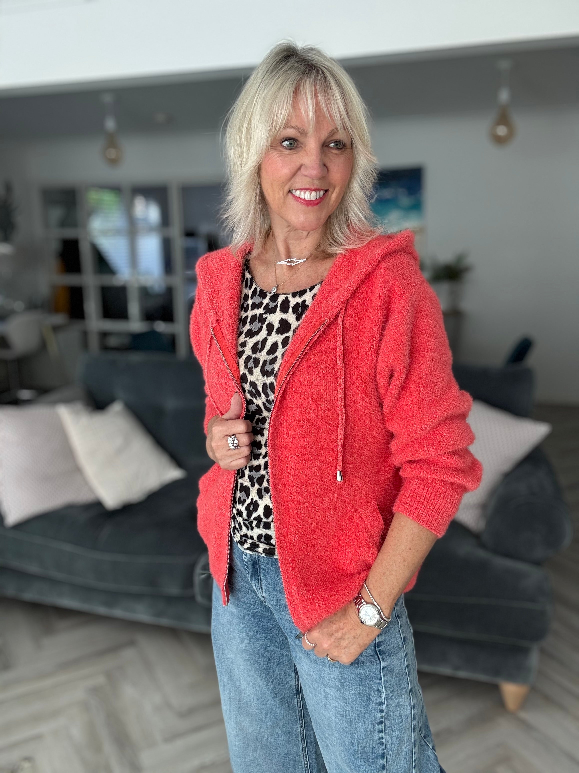 Soft Hooded Knit with Pockets in Coral