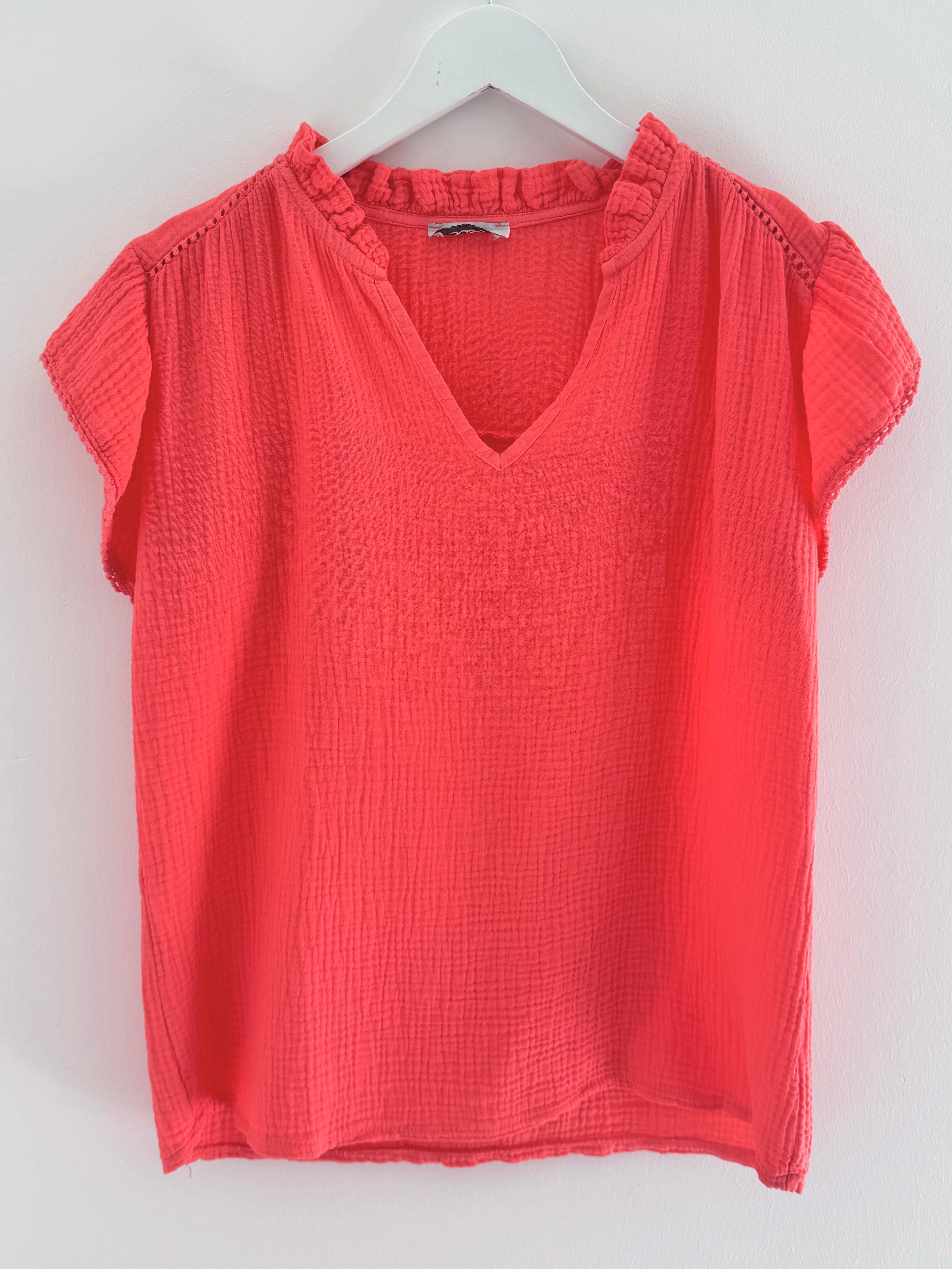 Cheesecloth Top with Ruffle Sleeves in Coral