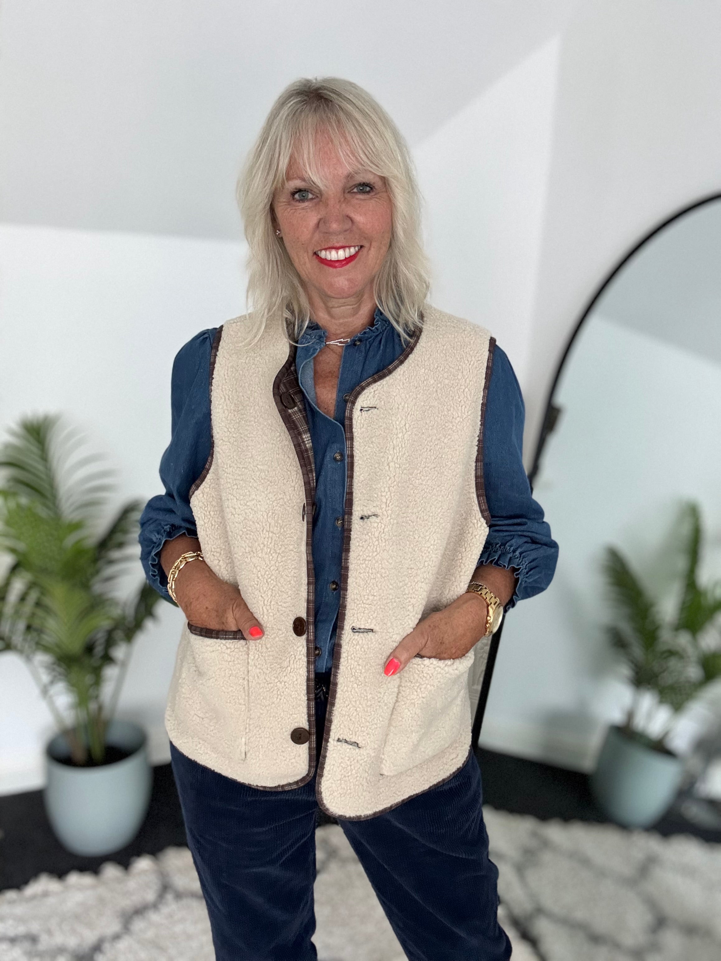 Reversible Boucle & Check Gilet in Ecru and Chocolate