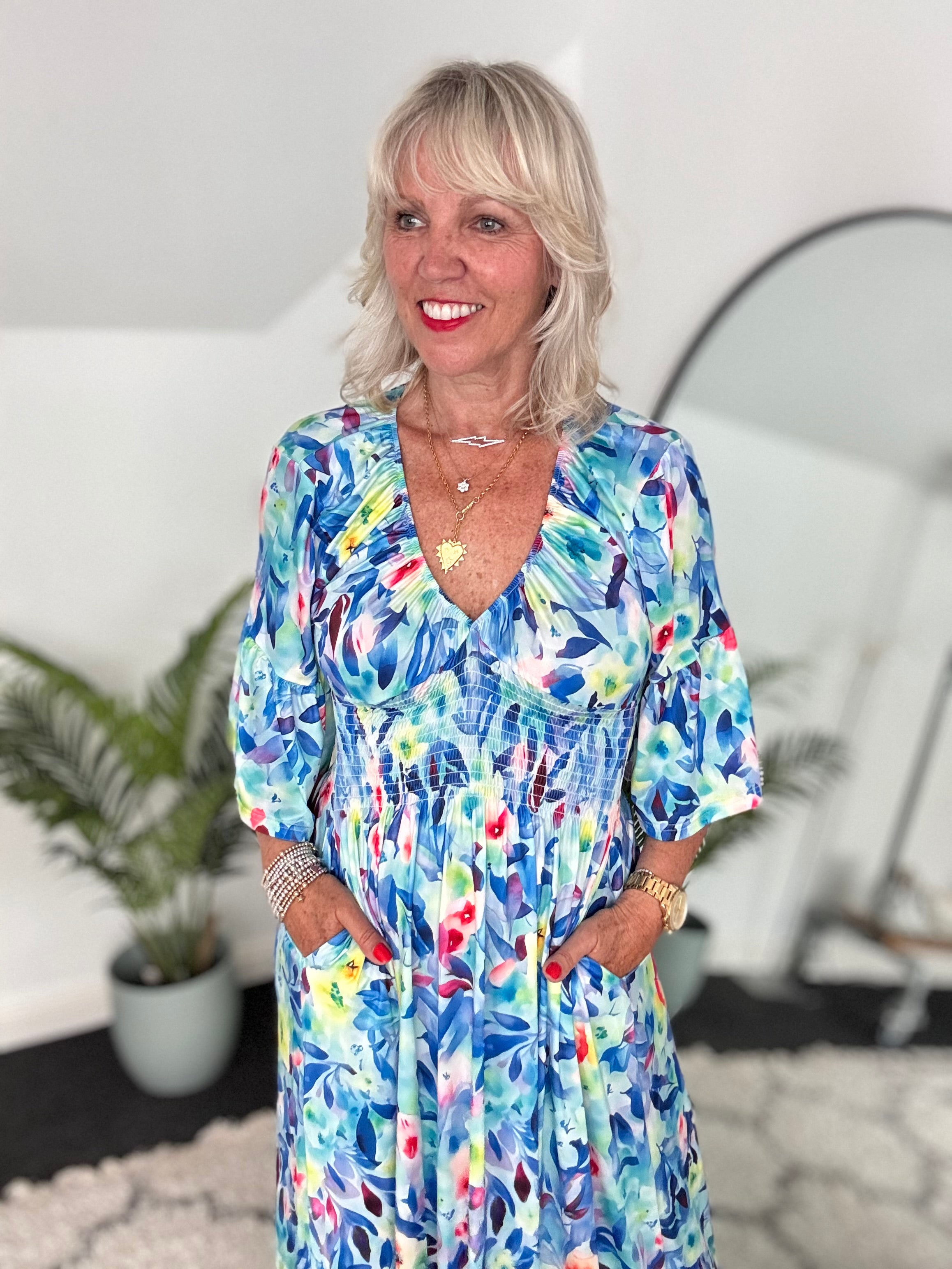 Silky Stretch Dress in Blue & Pink
