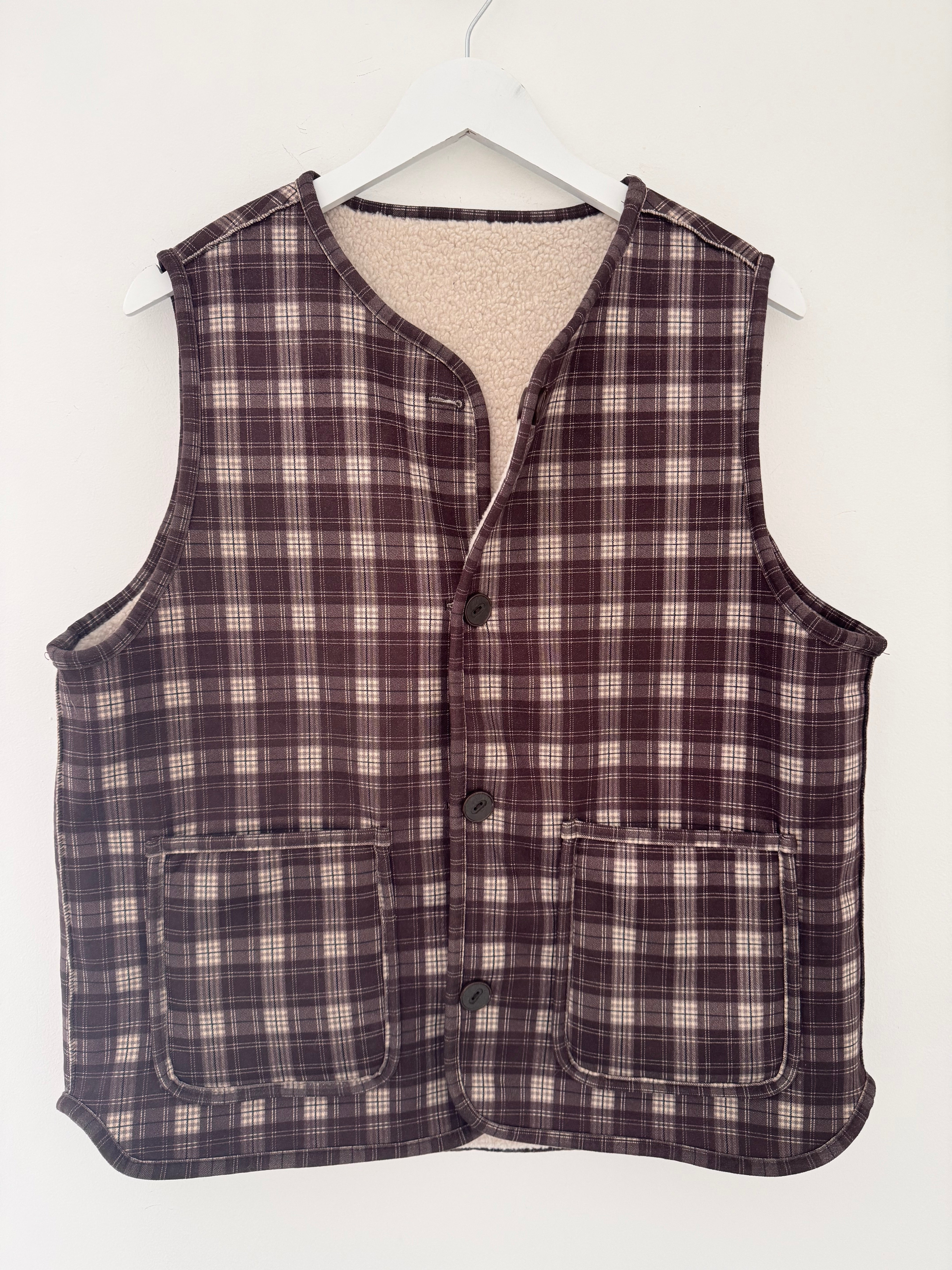 Reversible Boucle & Check Gilet in Ecru and Chocolate