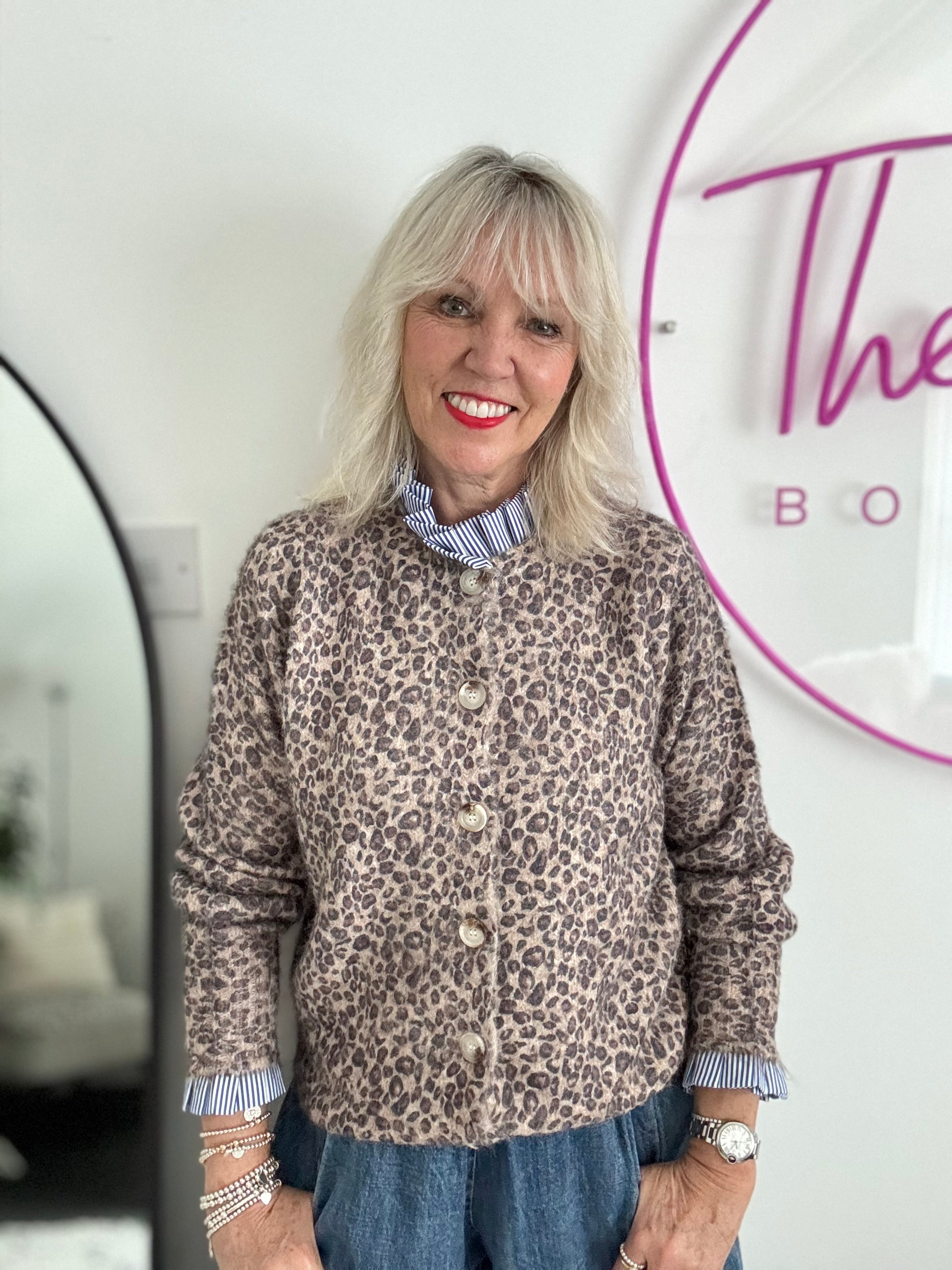 Leopard Cardi with Stripe Collar & Cuffs