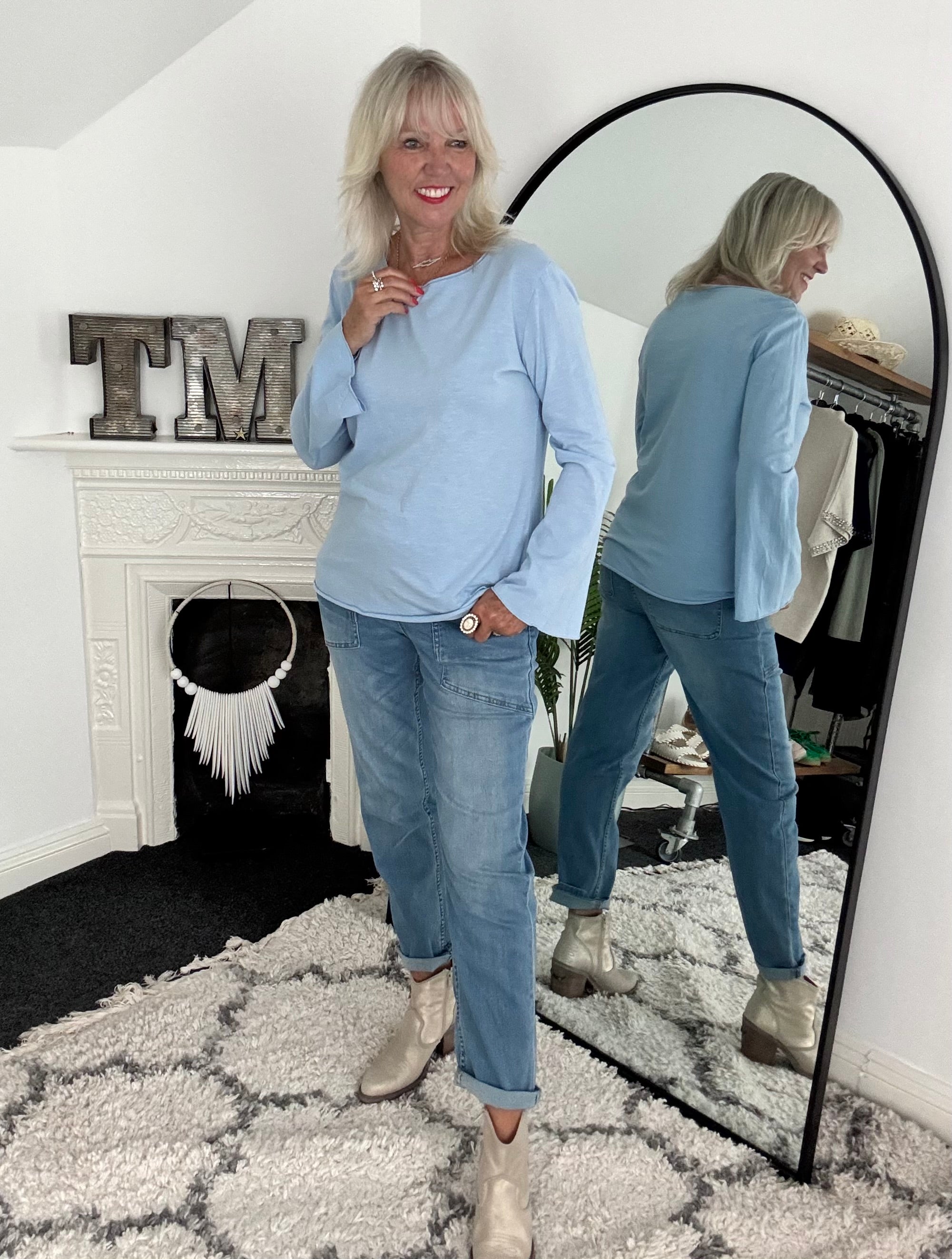 Long Sleeve Top with Flare Sleeves in Light Blue