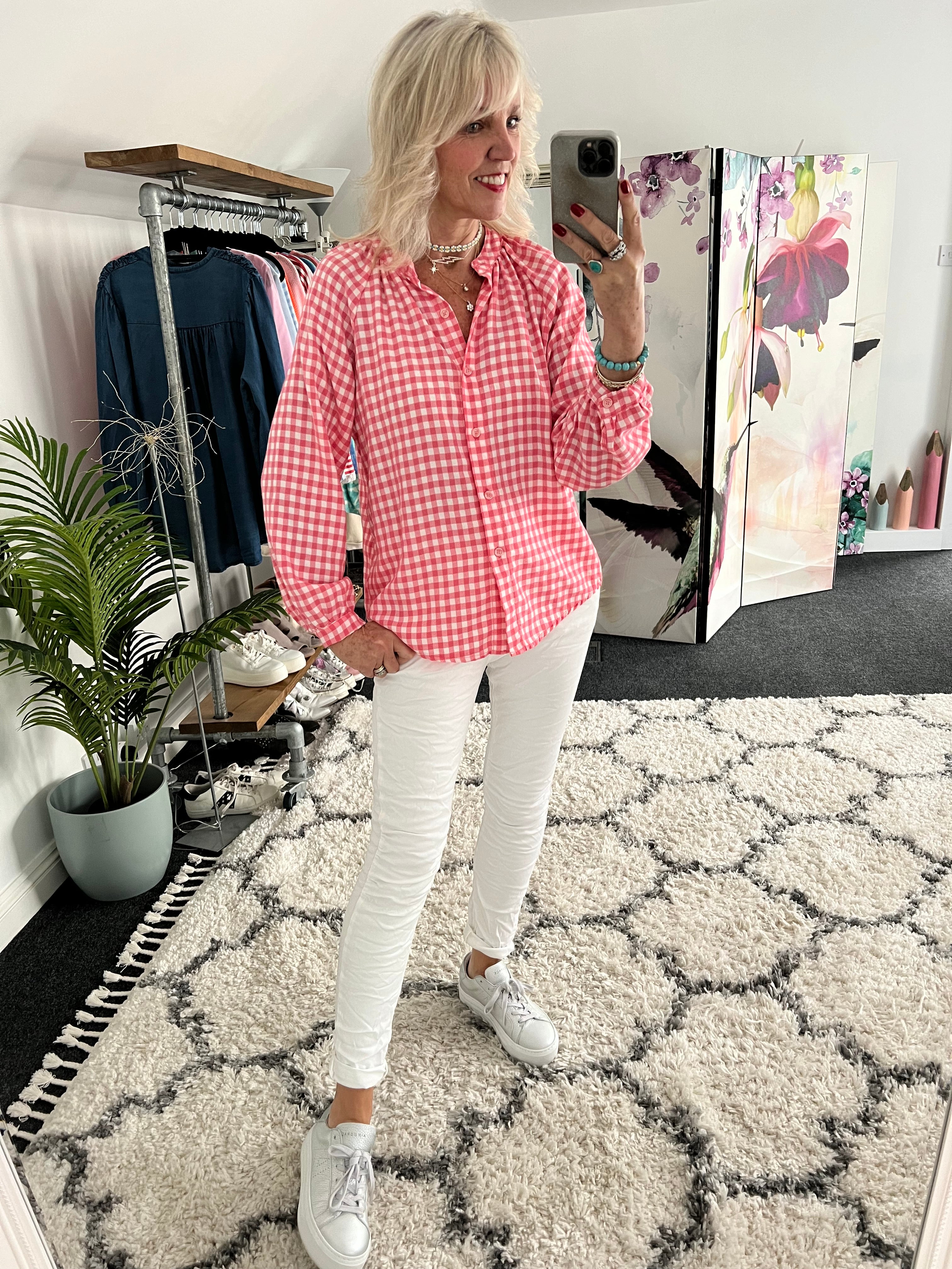 Gingham Shirt in Coral Pink & White