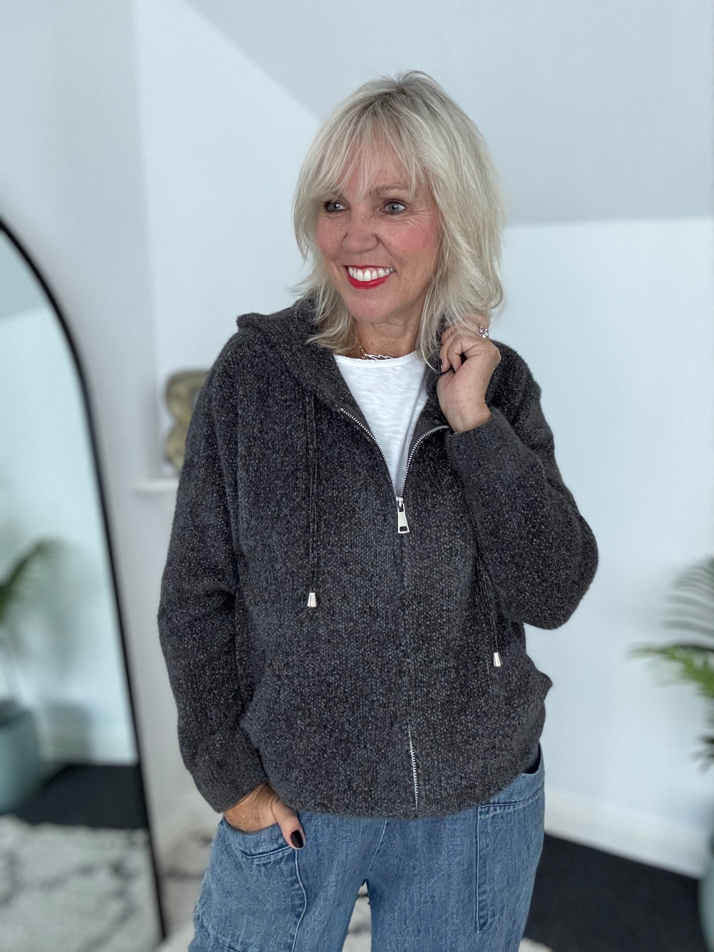Soft Hooded Knit with Pockets in Anthracite