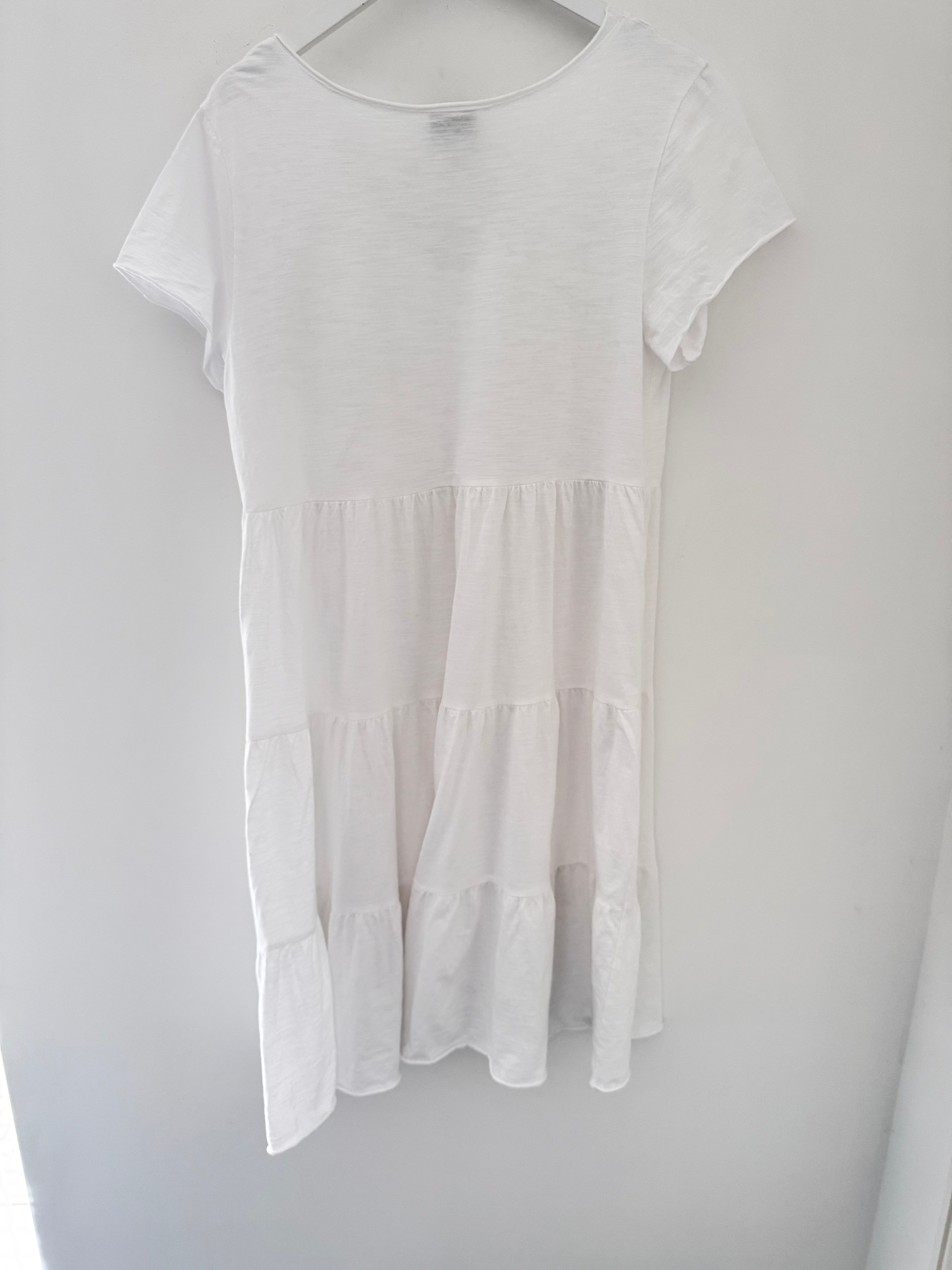 Tiered Cotton Stretch Dress in White