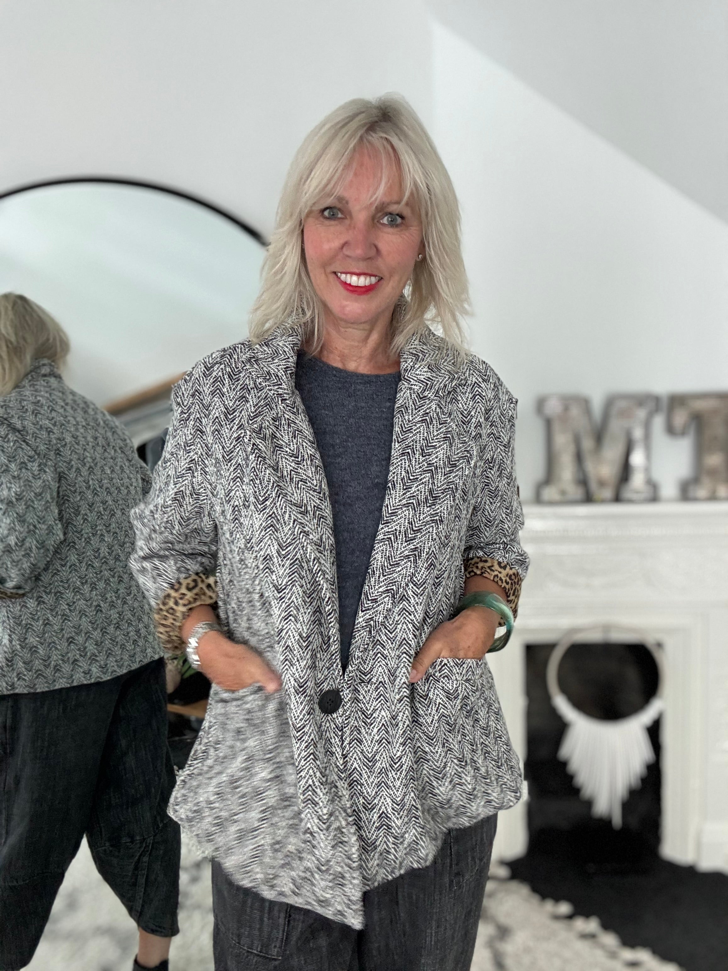 Grey Tweed Boyfriend Jacket with Leopard Lining