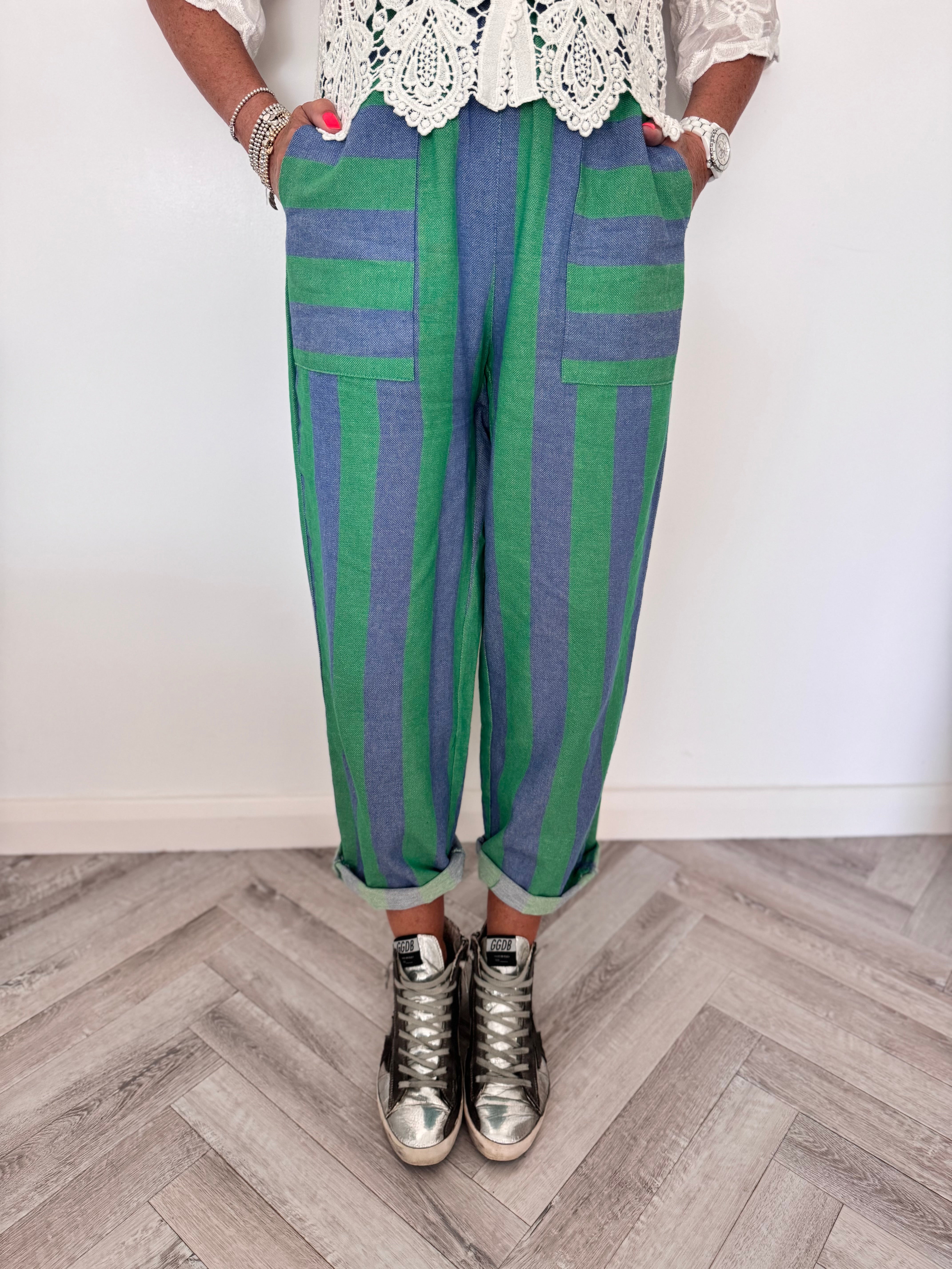 Stripe Trousers with Deep Pockets in Blue & Green