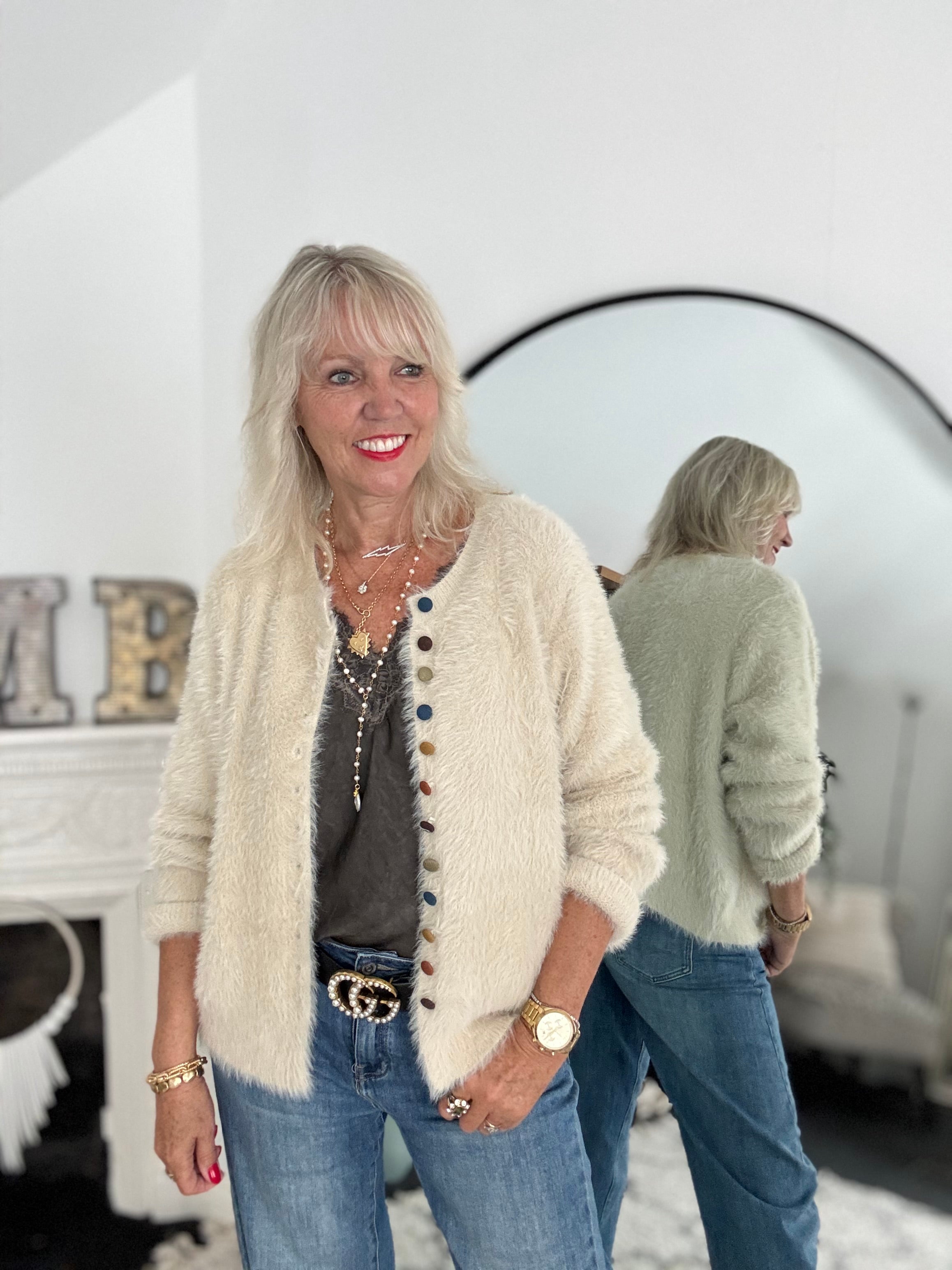 Fluffy Cardi with Multicolour Buttons in Ecru