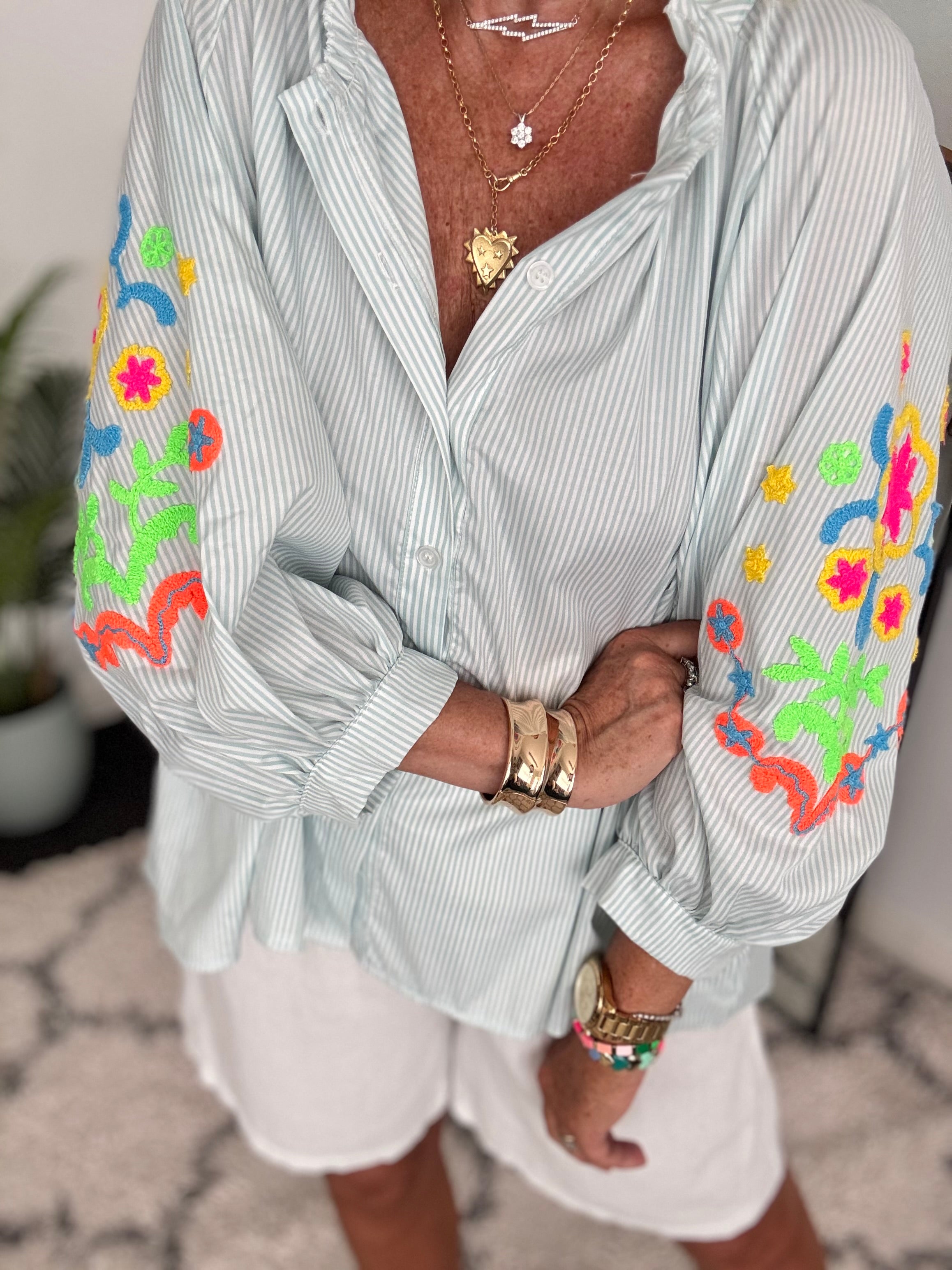 Designer Stripe Shirt with Neon Embroidered Sleeves in Seafoam Green