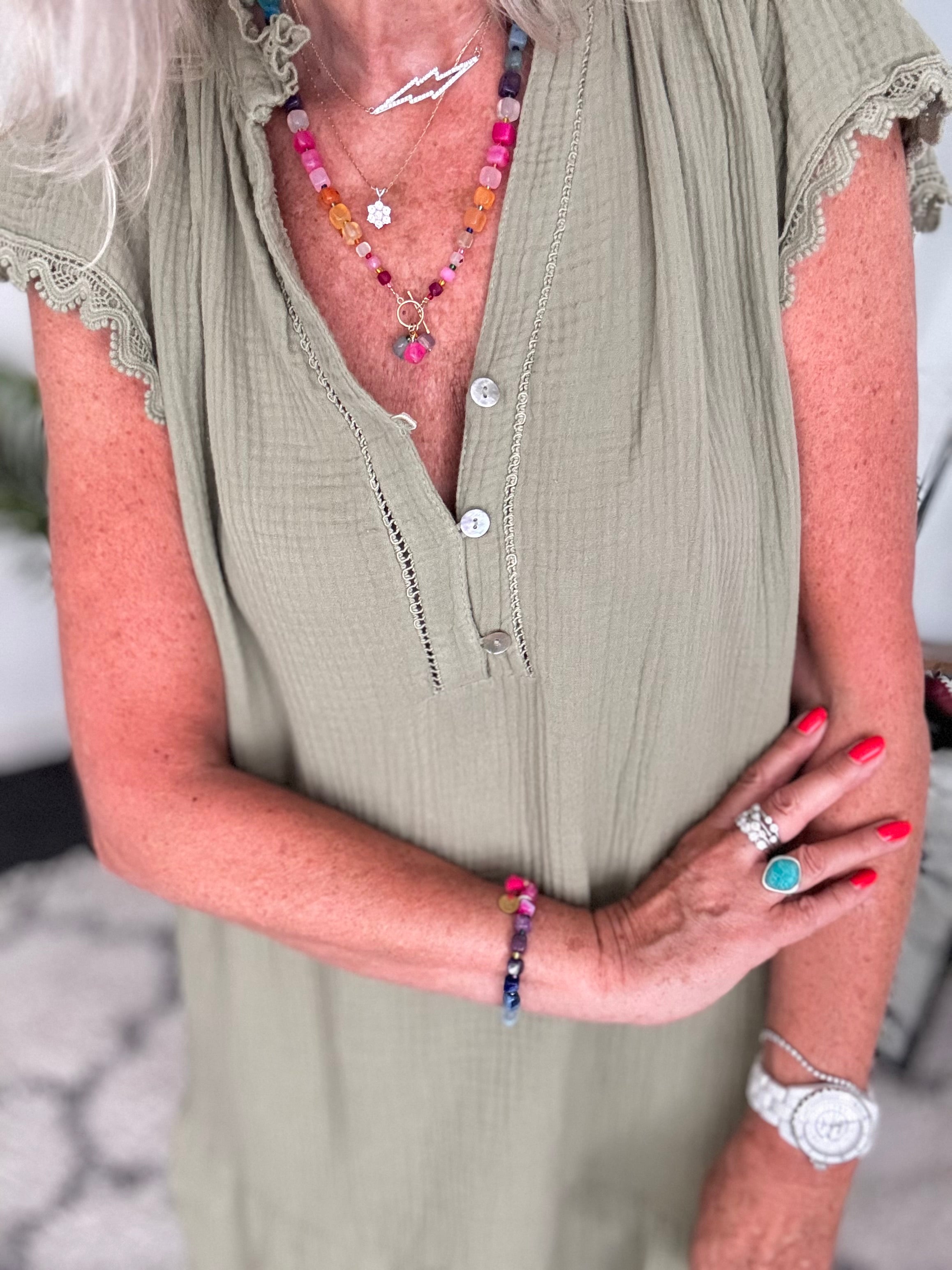 Cheesecloth Dress with Lace Edge Sleeves in Khaki
