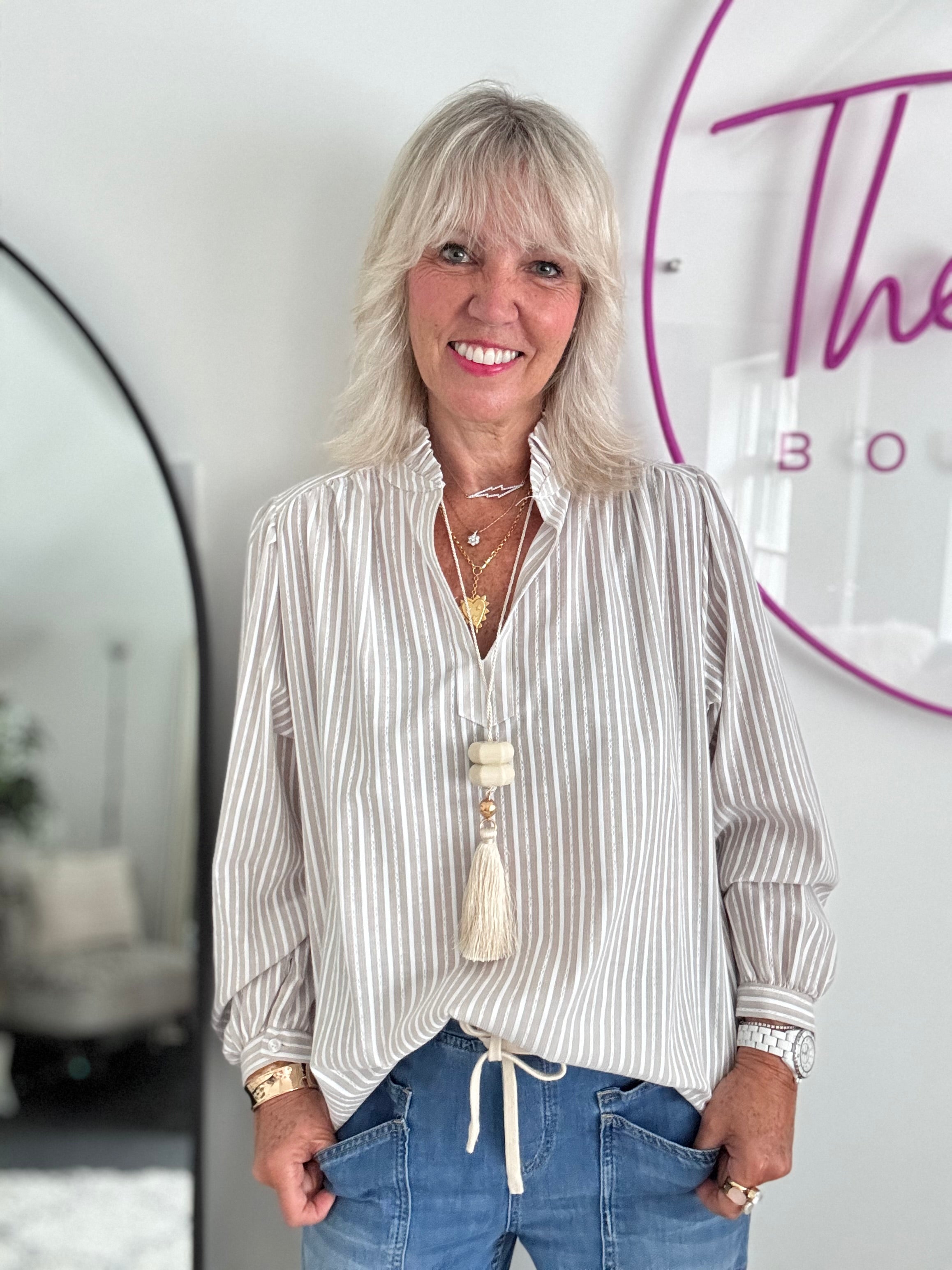 Fresh Cotton Blouse in Stone & White Stripes