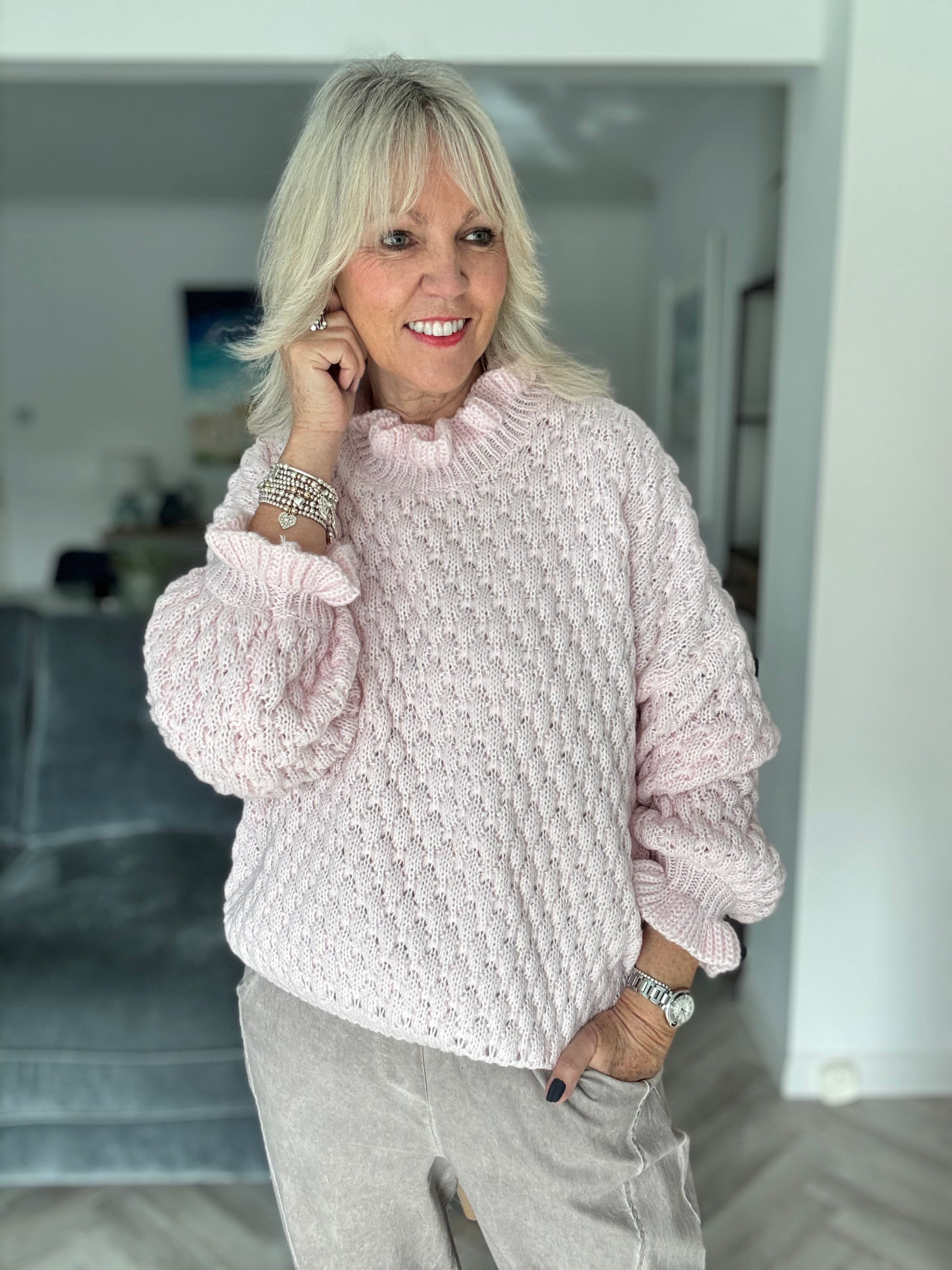 Waffle Jumper with Frill Neck in Pink