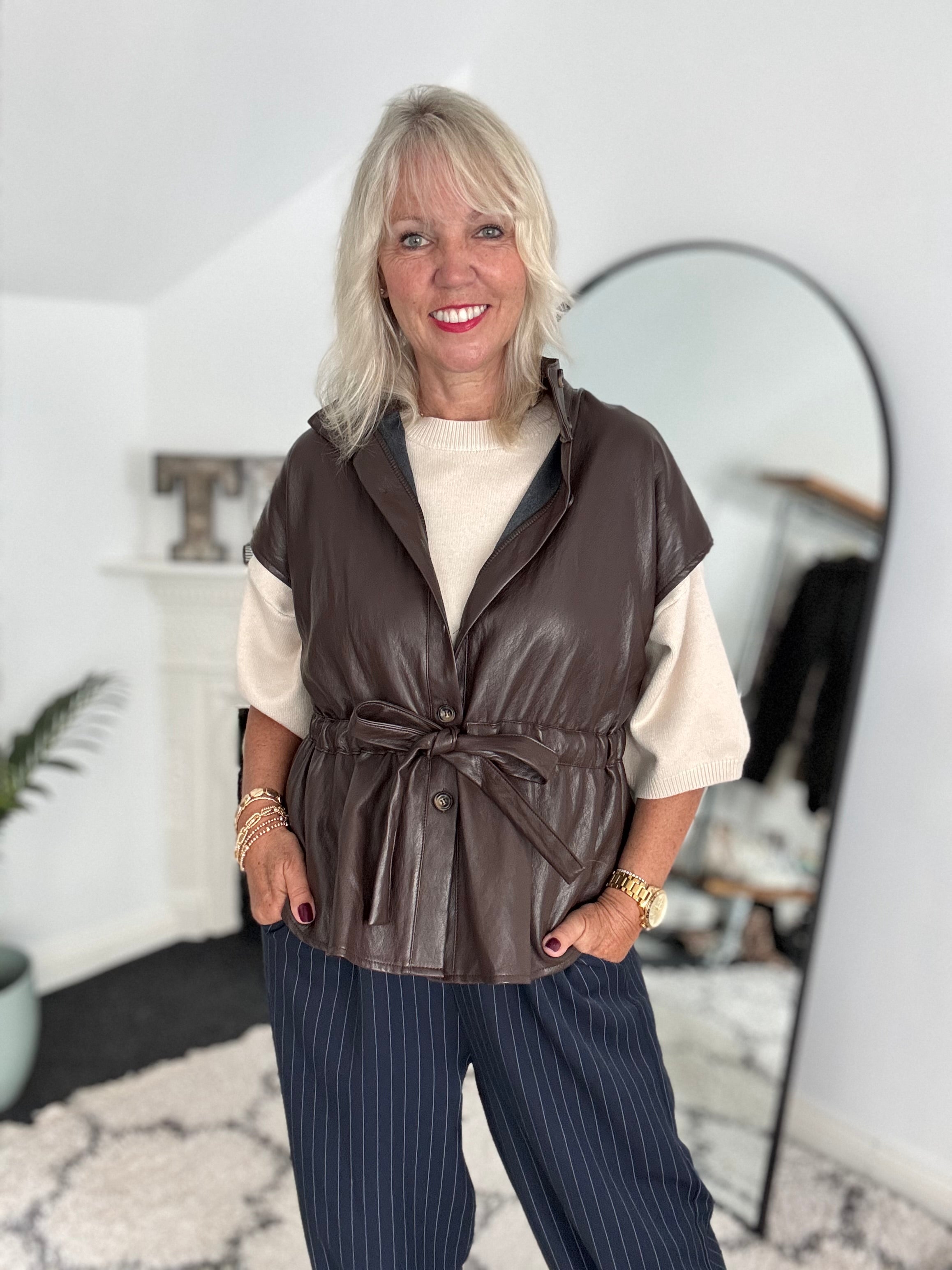 Designer Leather Gilet in Chocolate