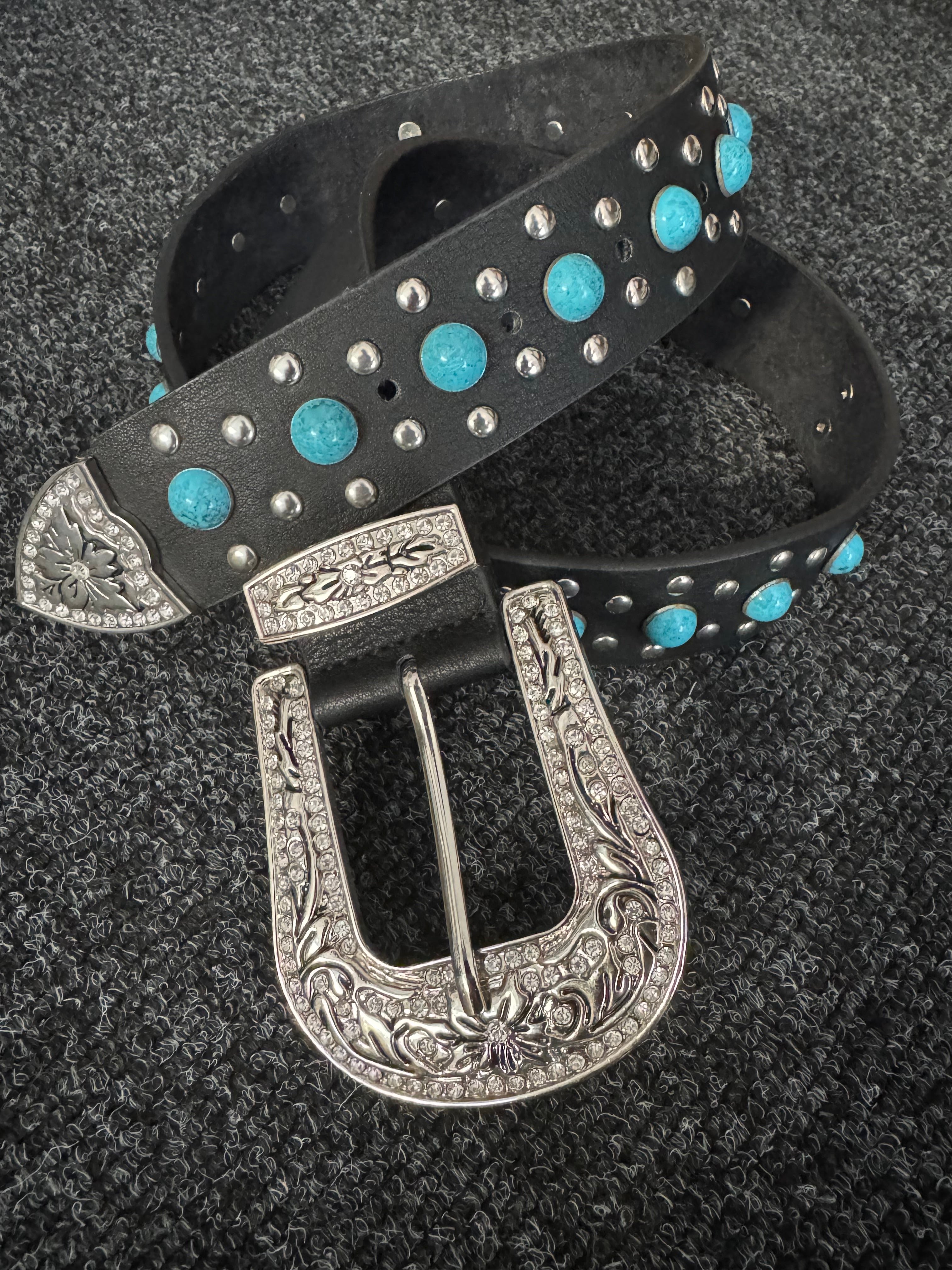 Western Studded Leather Belt in Black & Turquoise