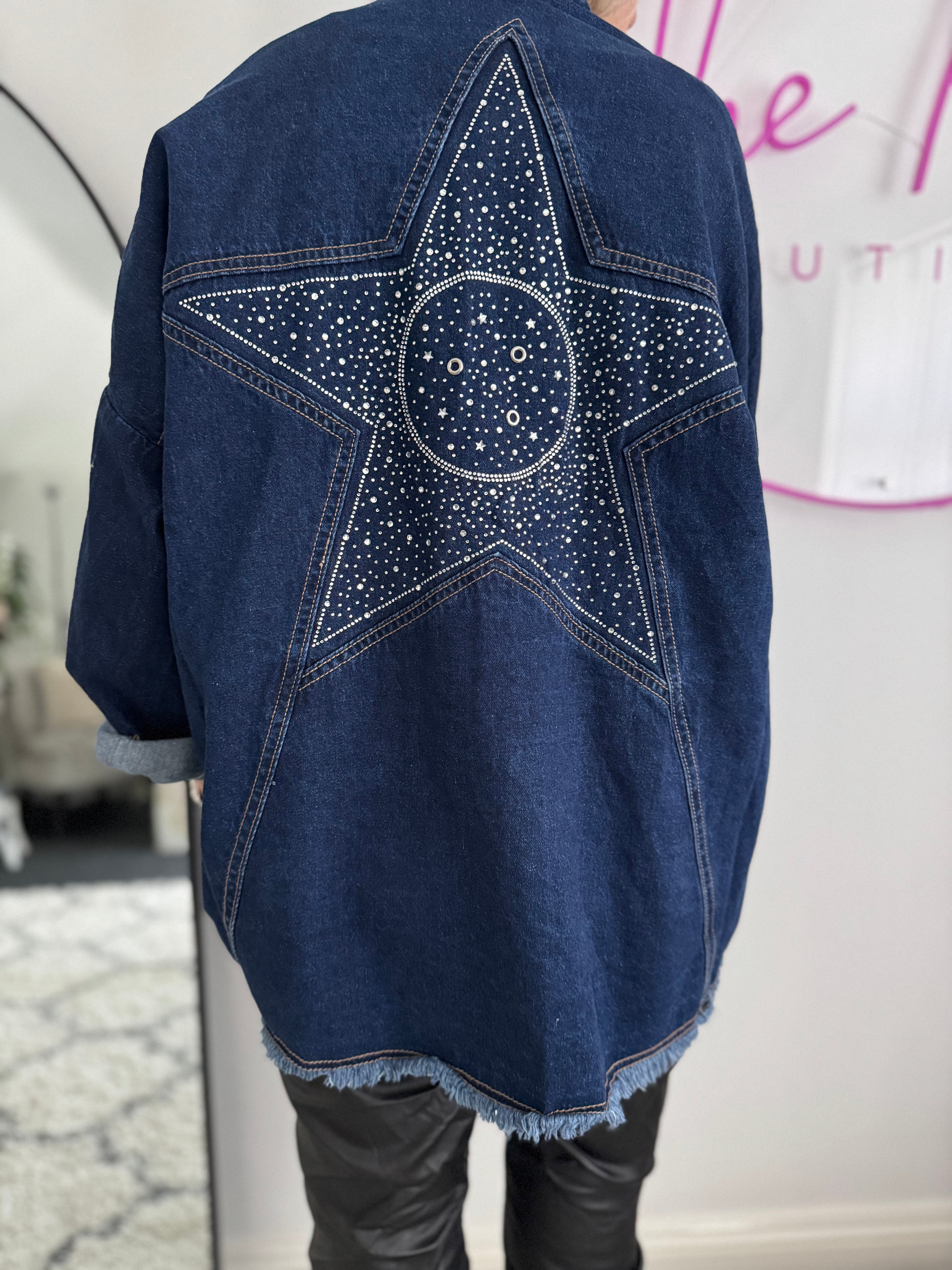 Boyfriend Shacket with Sparkly Star in Blue Denim