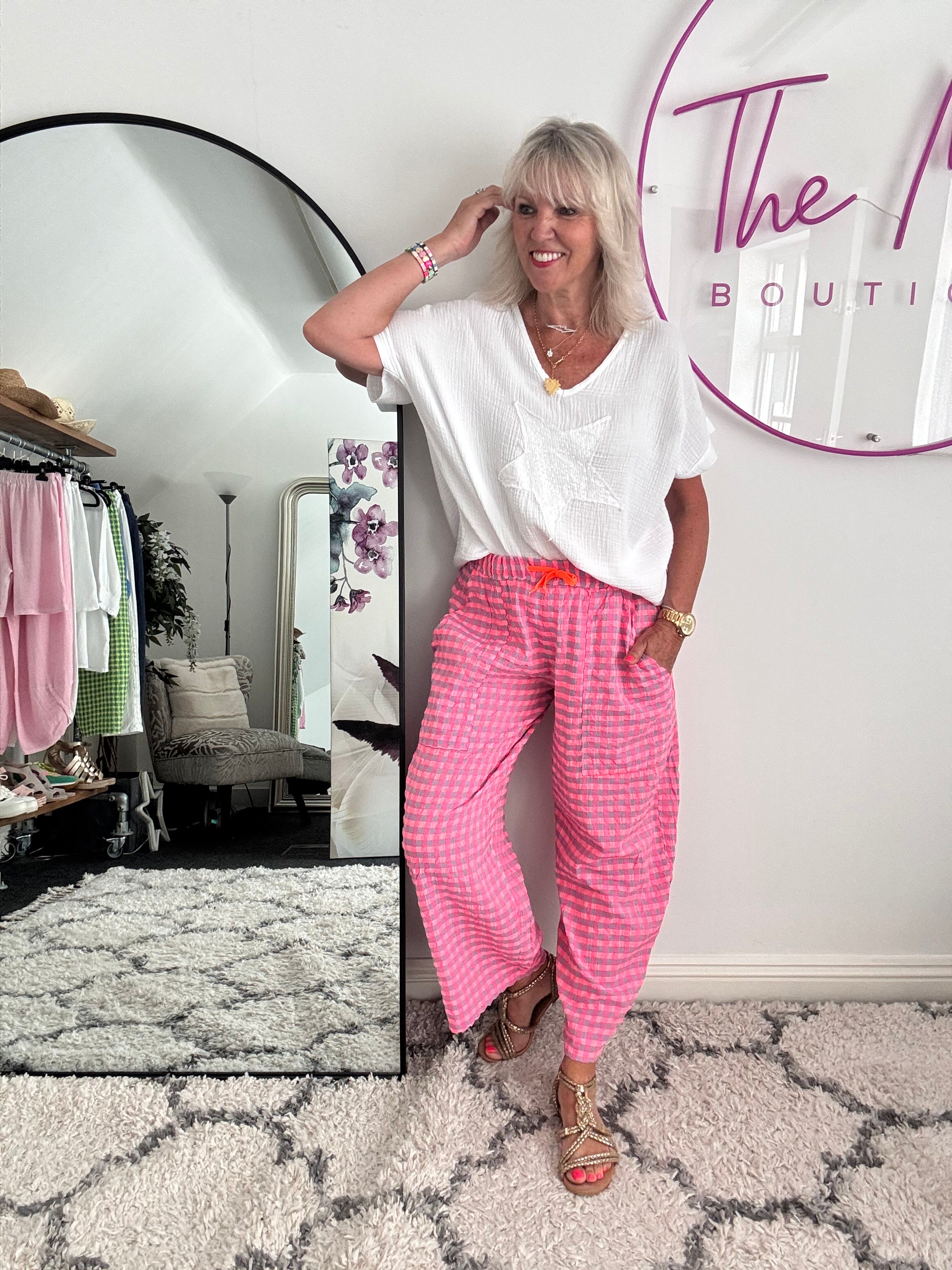 Barrel Check Trousers in Neon Pink