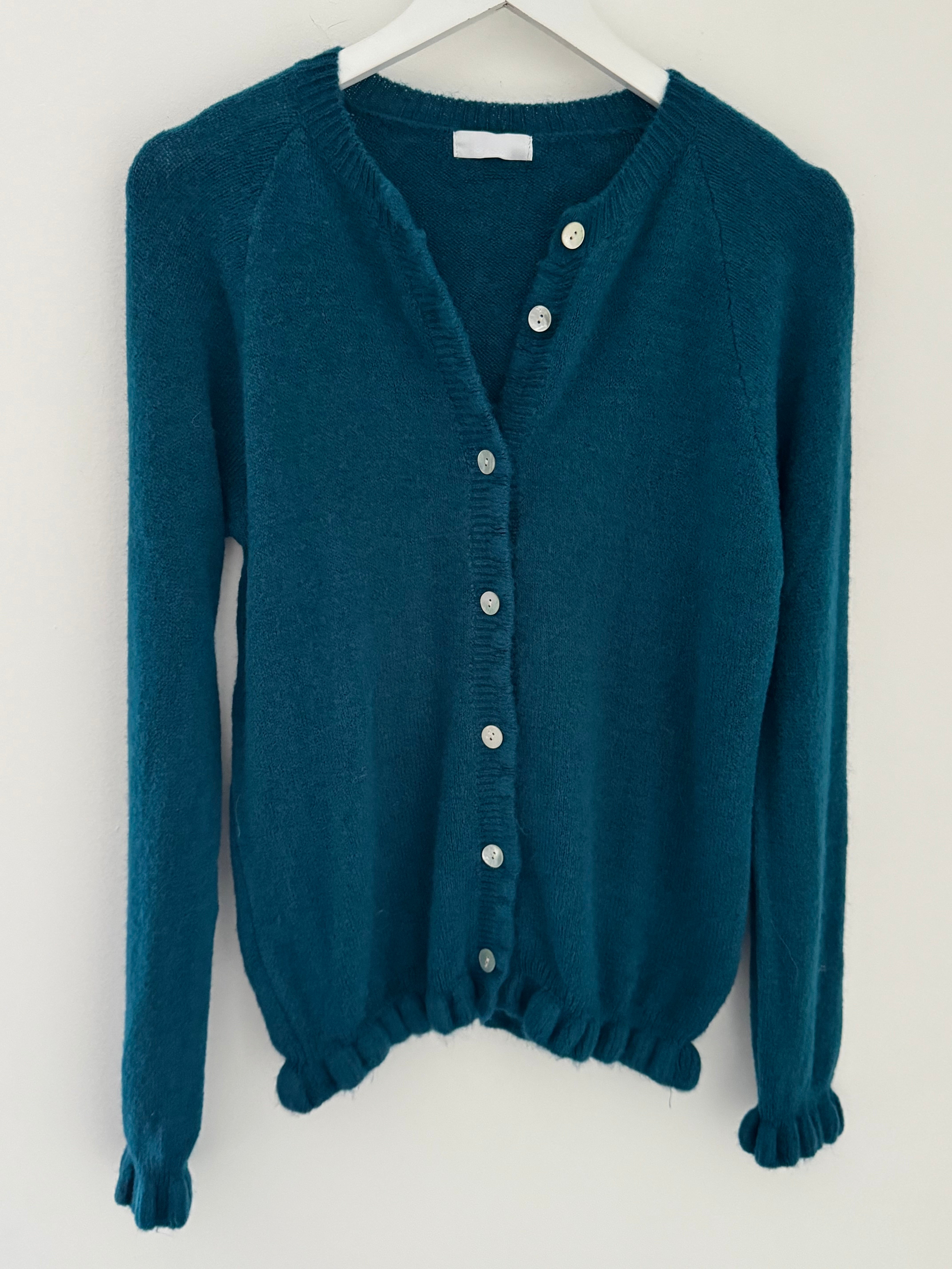 Alpaca Cardi with Frill Hems in Teal