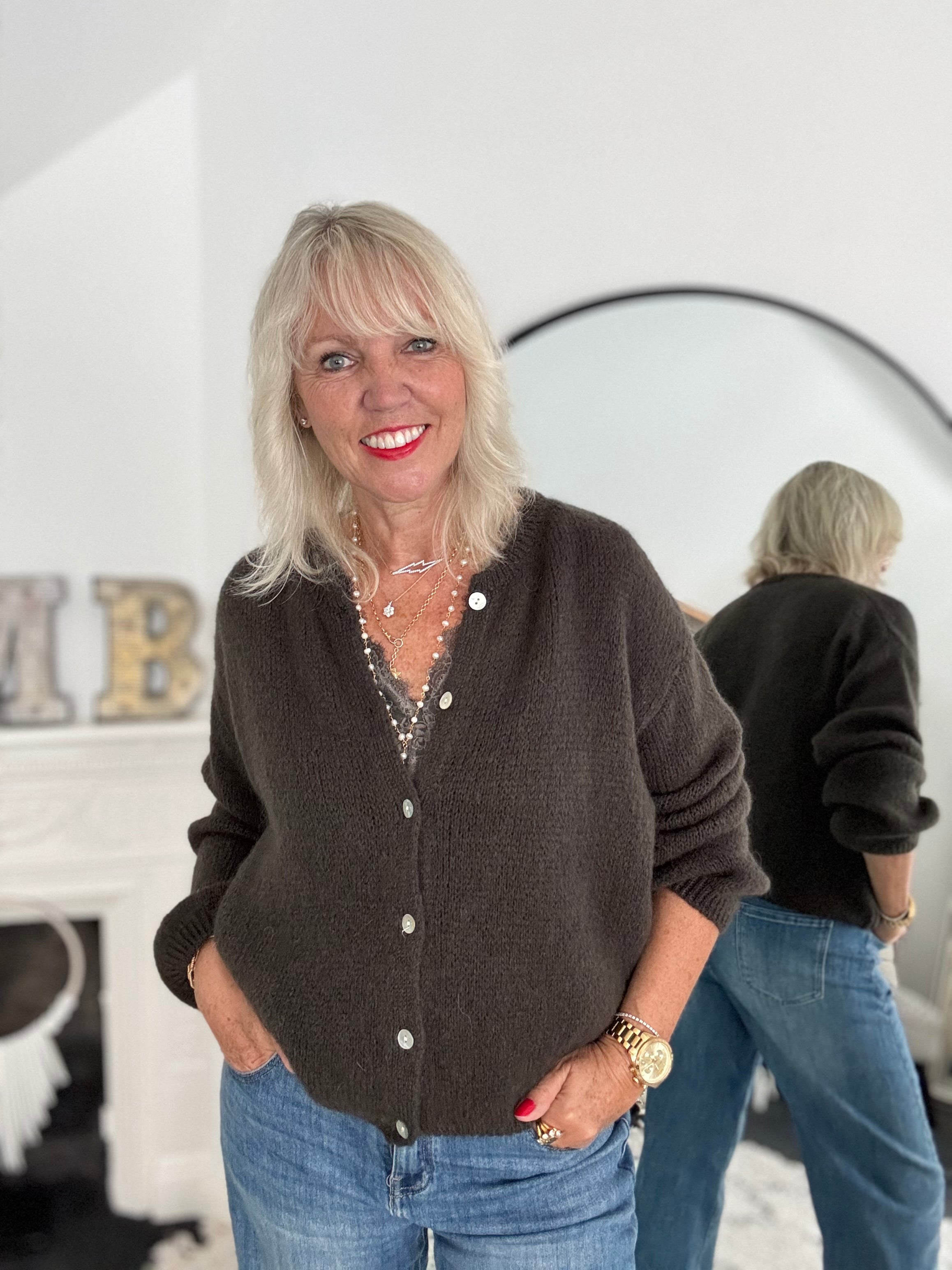 Mohair Buttoned Cardi in Deep Cocoa