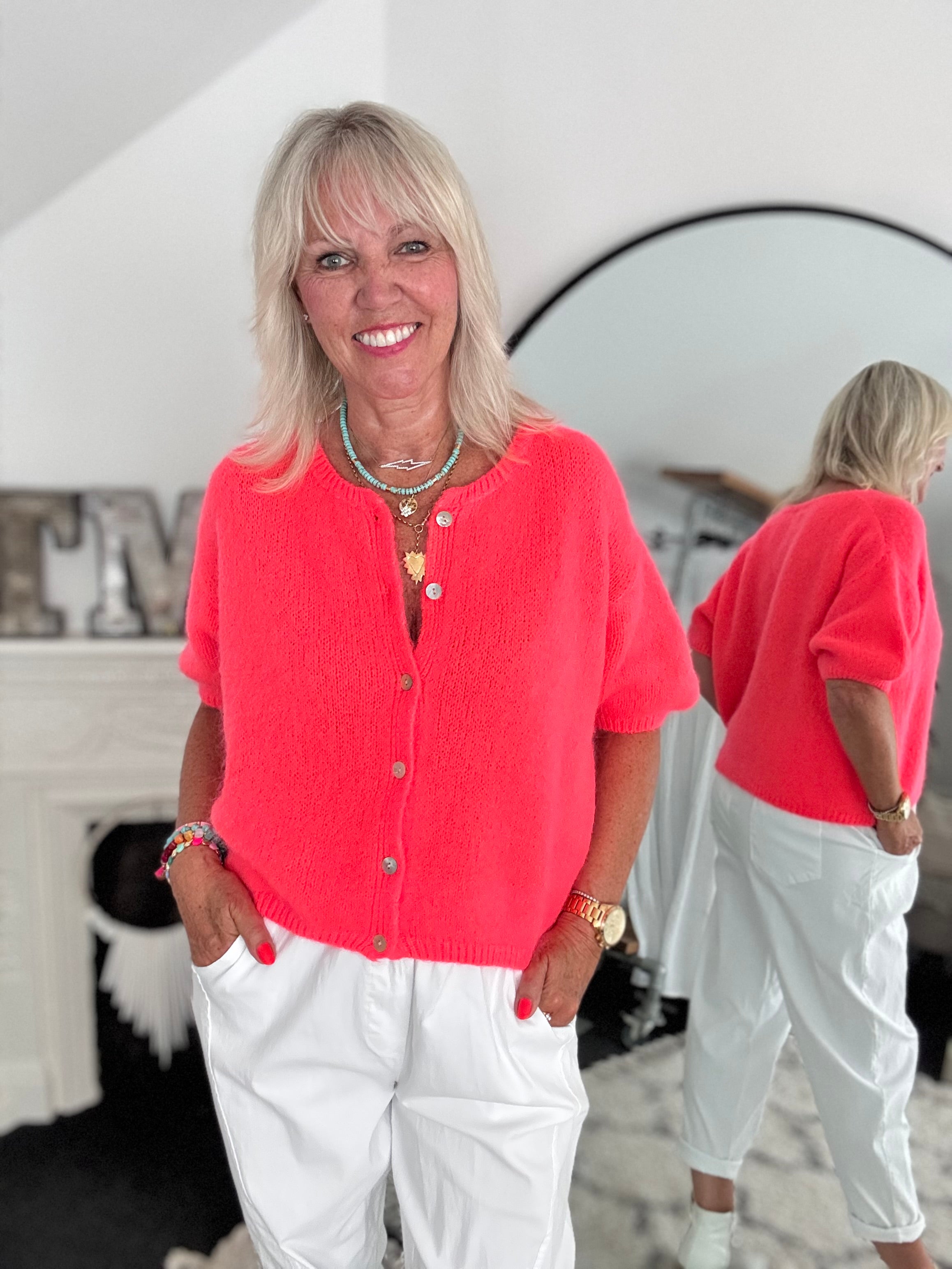 Super Soft Short Sleeve Cardi in Neon Coral