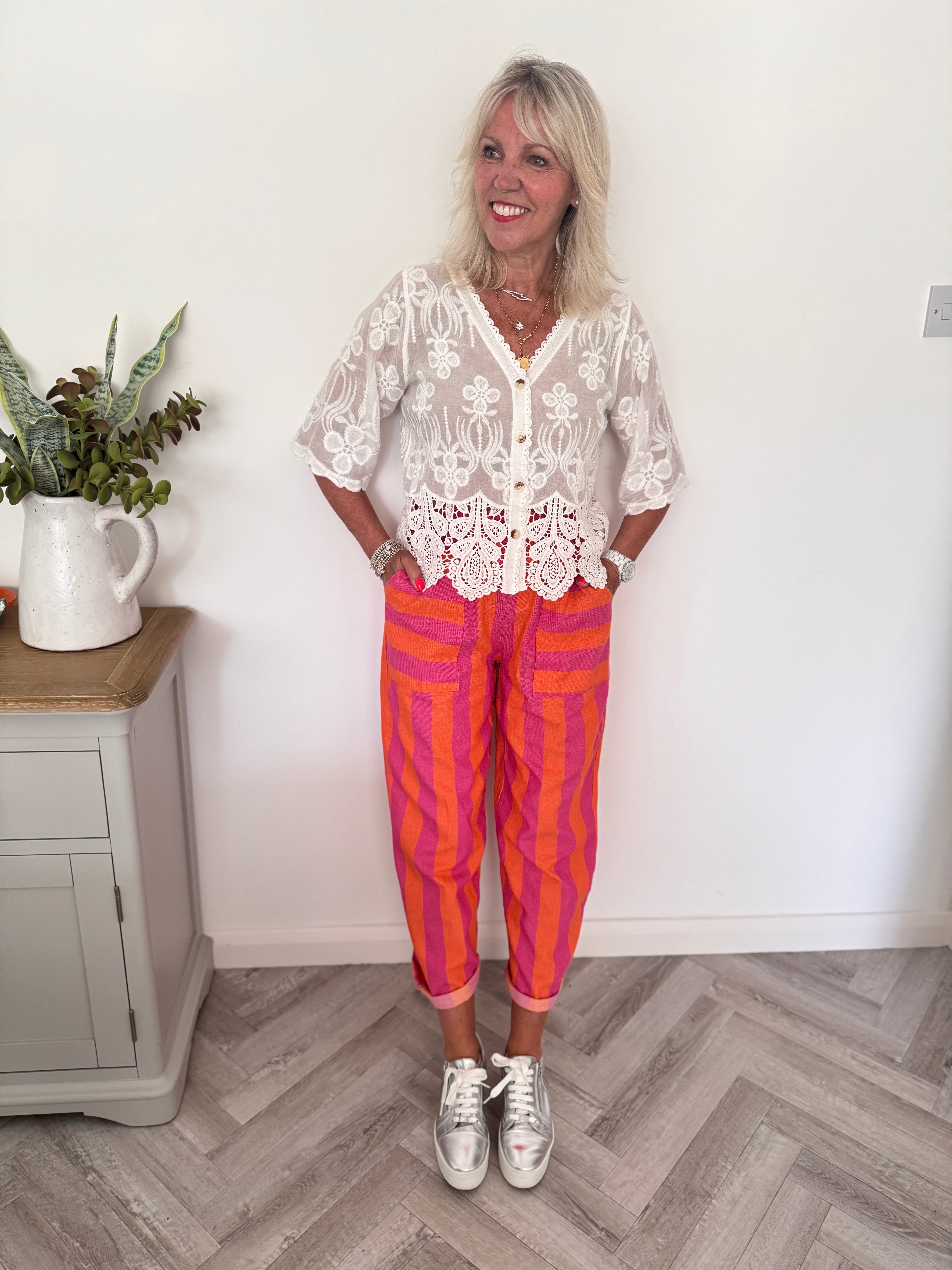 Stripe Trousers with Deep Pockets in Pink & Orange