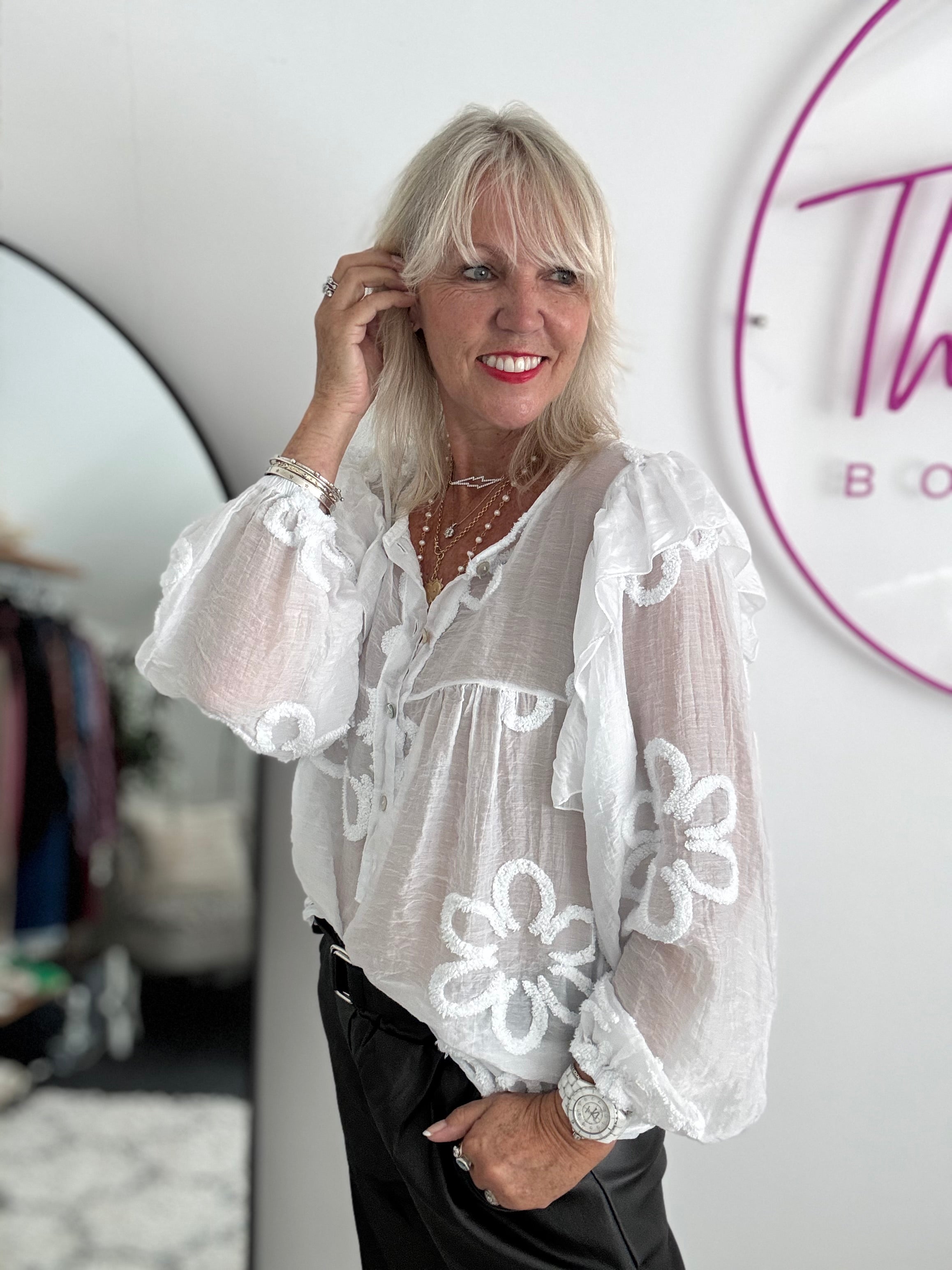 Textured Floral Design Shirt in White
